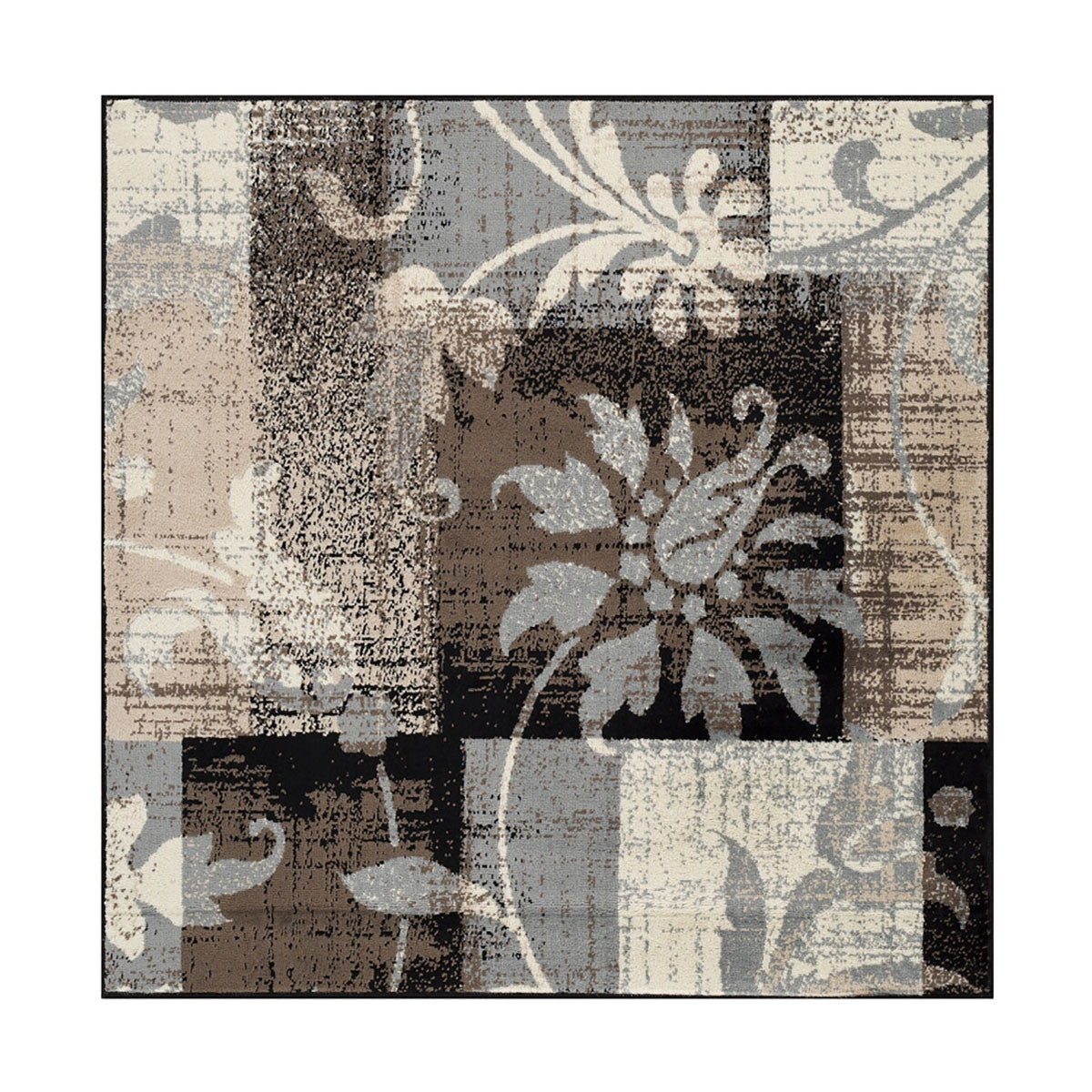 8' Beige Brown And Gray Floral Distressed Square Rug