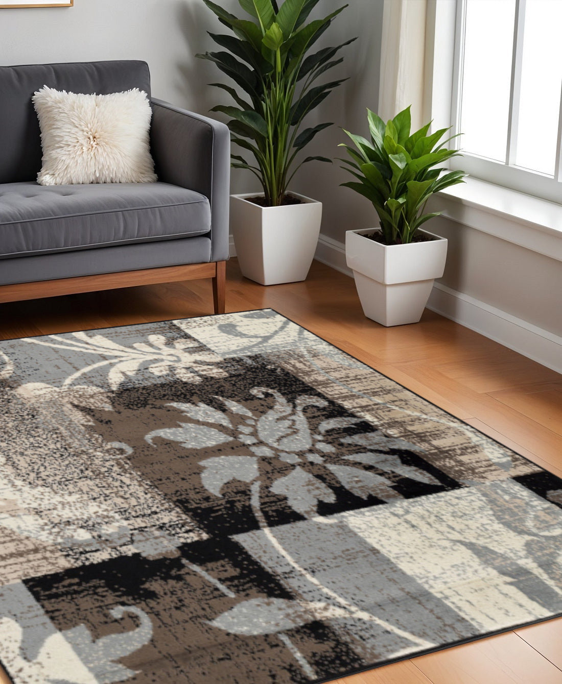 8' Beige Brown And Gray Floral Distressed Square Rug