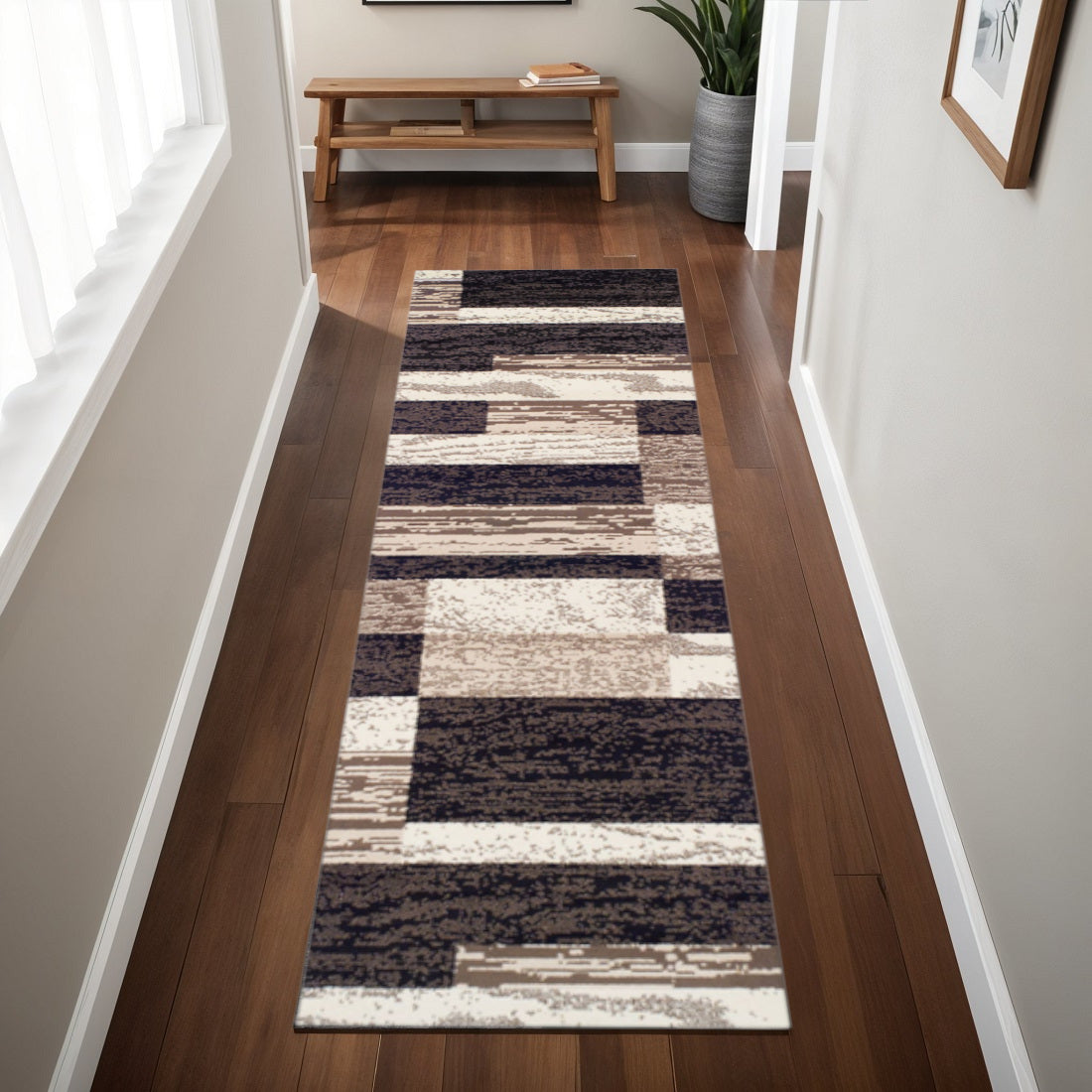 8' Black Brown And Beige Patchwork Runner Rug