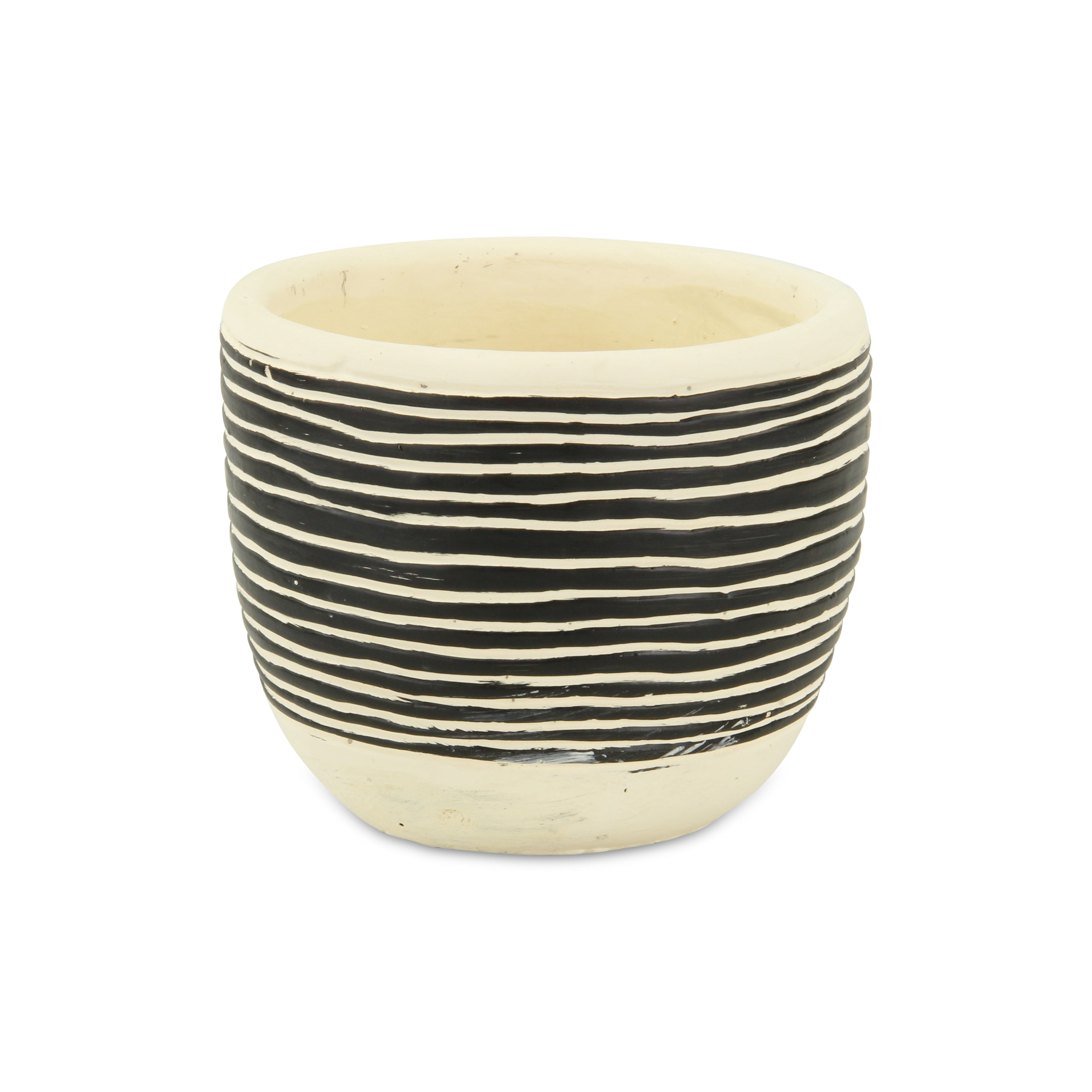 Black And White Ceramic 39 Ounce Striped Round Distressed Pot Planter