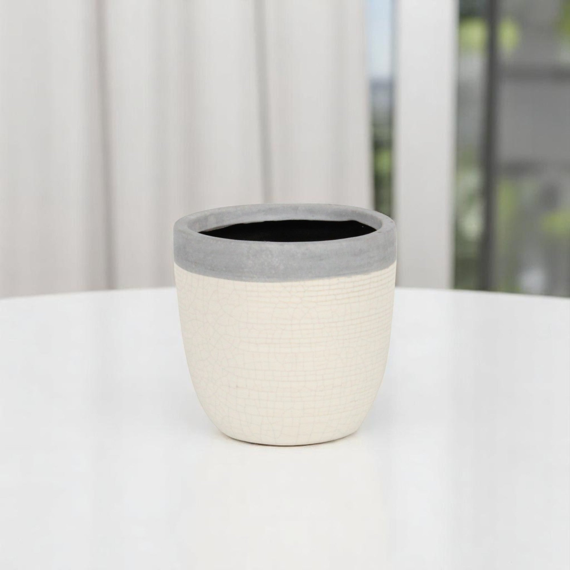 Gray And Ivory Ceramic 41 Ounce Crackle Round Distressed Pot Planter