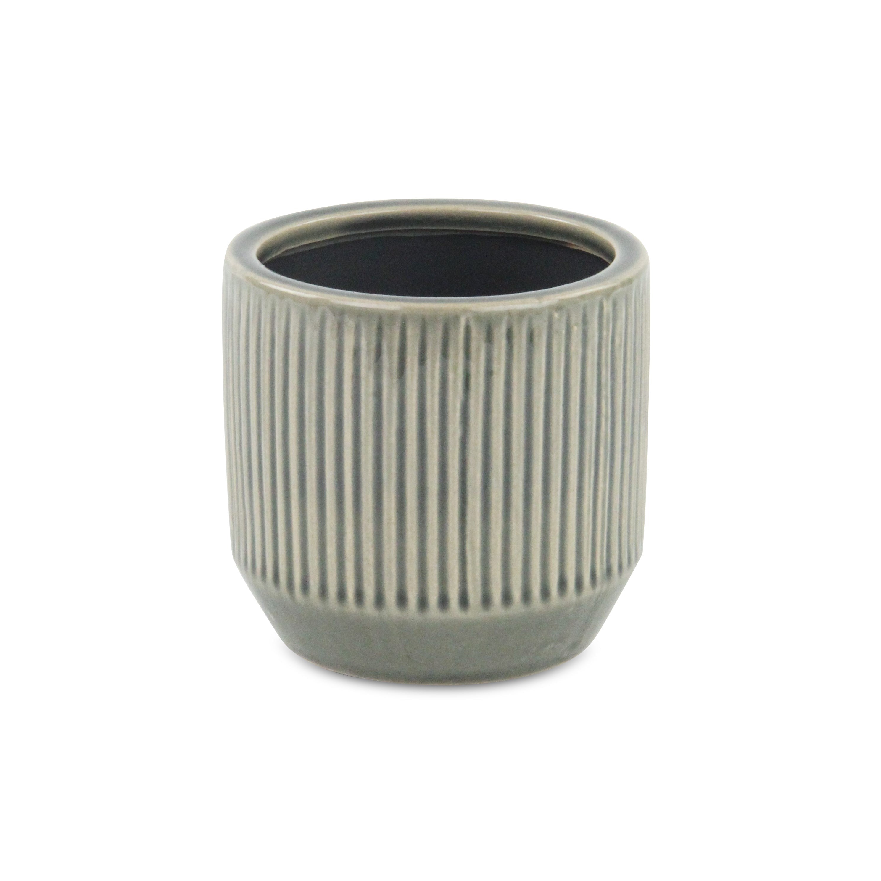 Gray Ceramic 17 Ounce Striped Round Distressed Pot Planter
