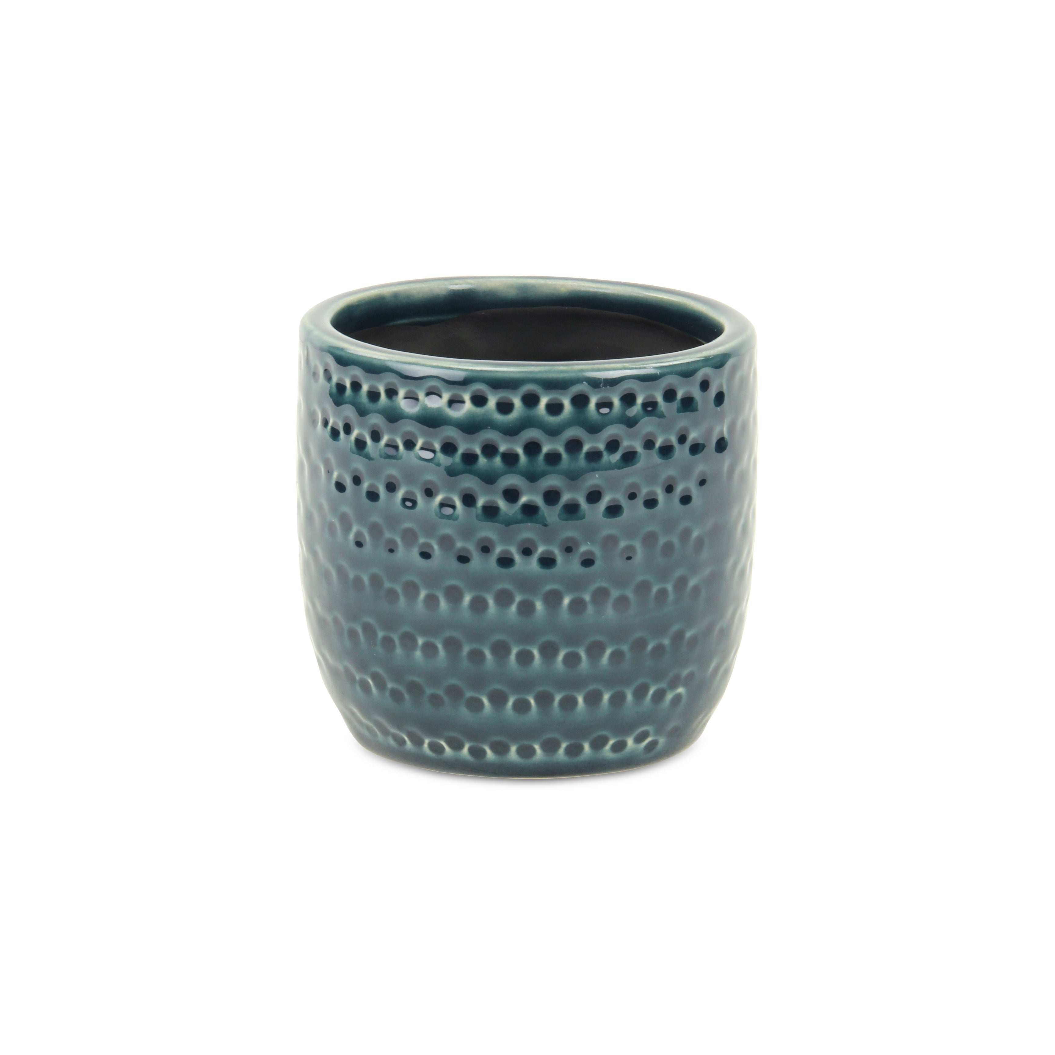 Teal Blue Ceramic 17 Ounce Dotted Round Distressed Pot Planter