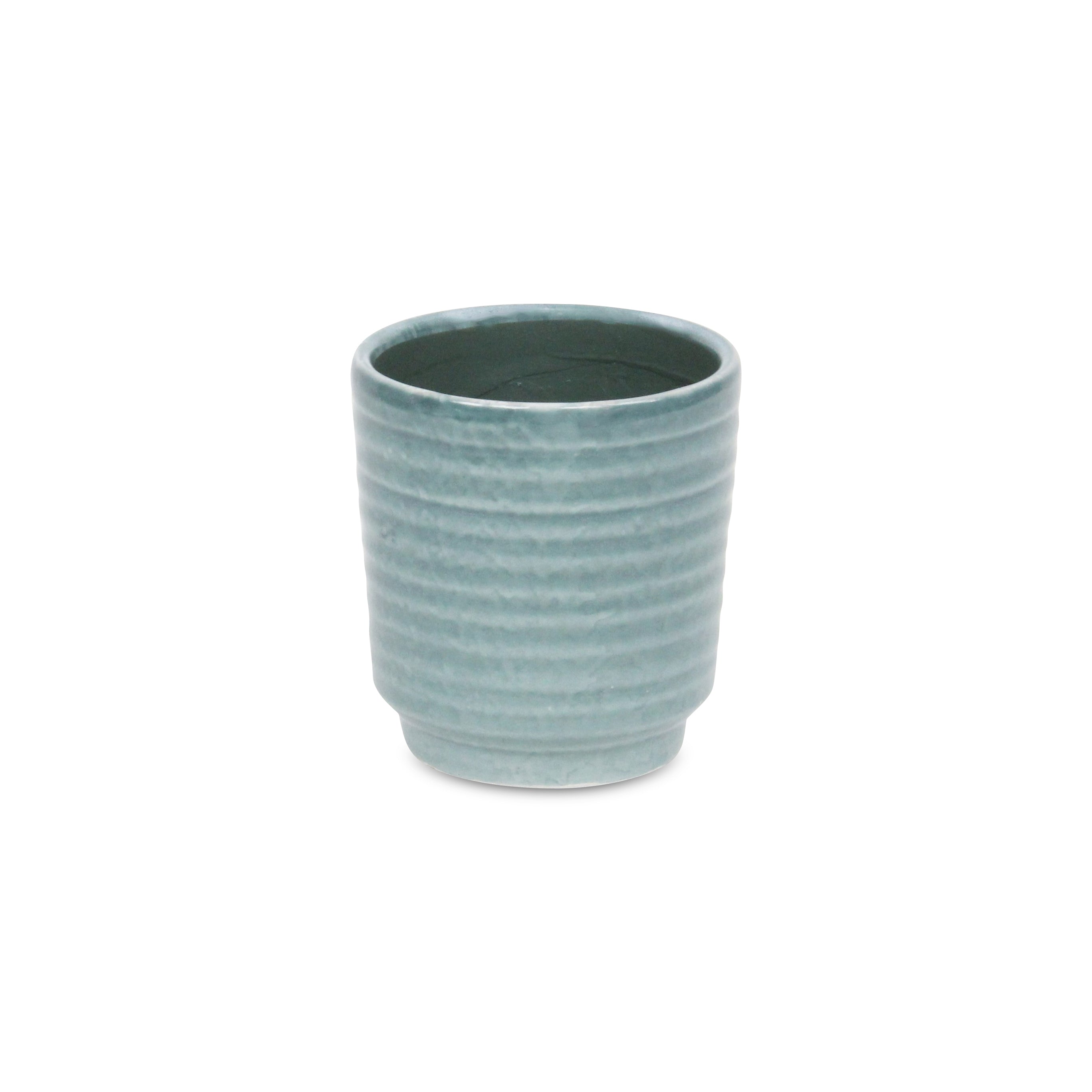 Green Ceramic 15 Ounce Striped Round Distressed Pot Planter
