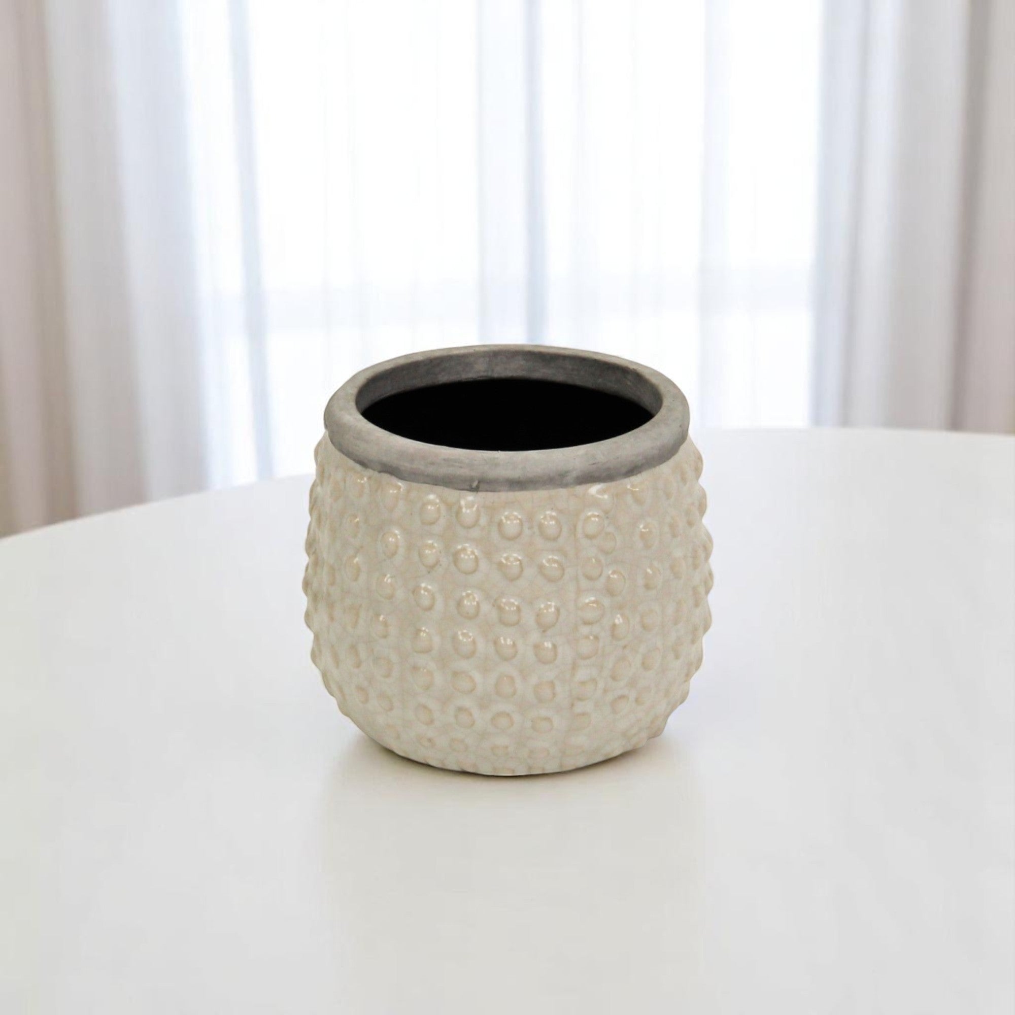 Beige And Gray Ceramic 12 Ounce Dotted Round Distressed Pot Planter