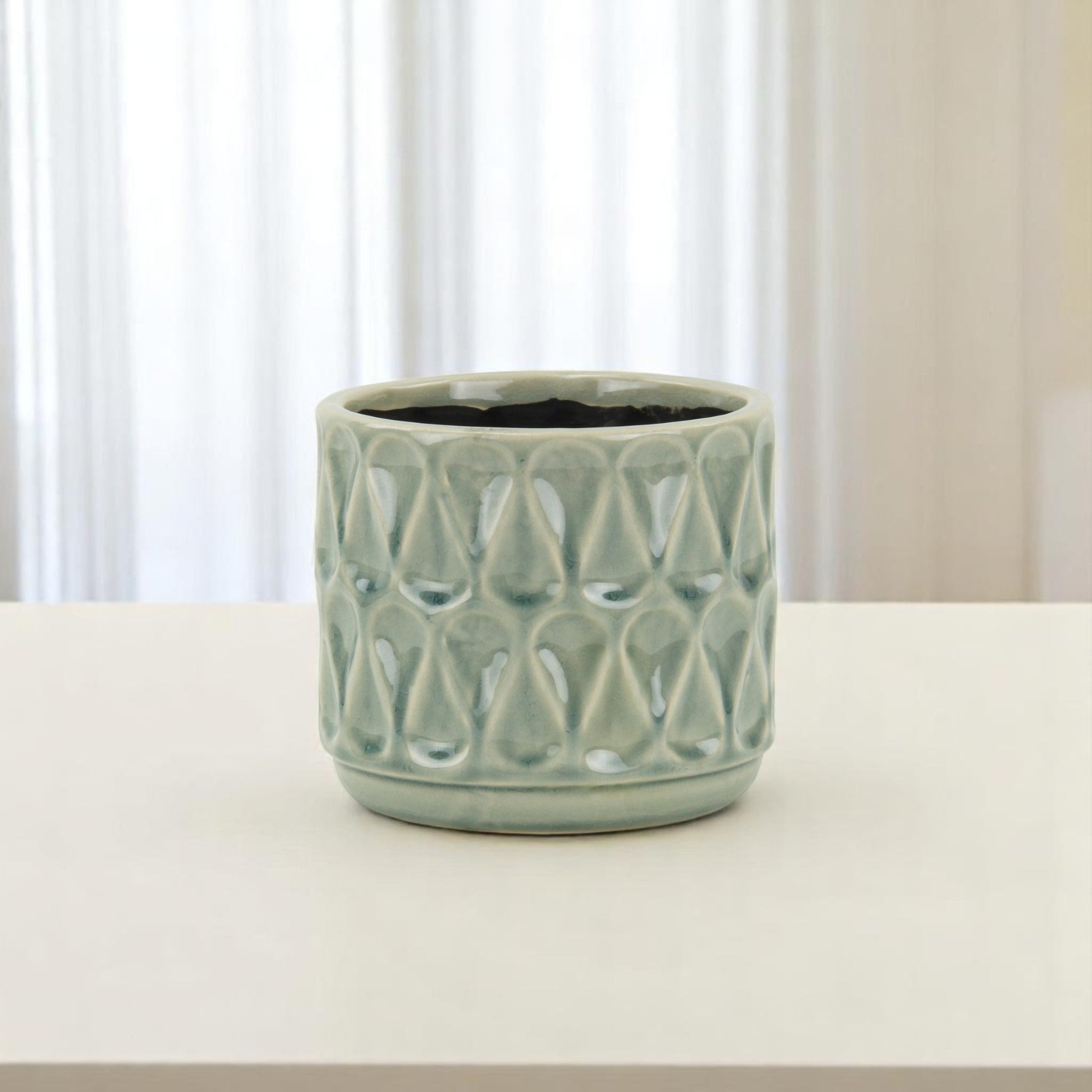 Green Ceramic 10 Ounce Geometric Round Distressed Pot Planter