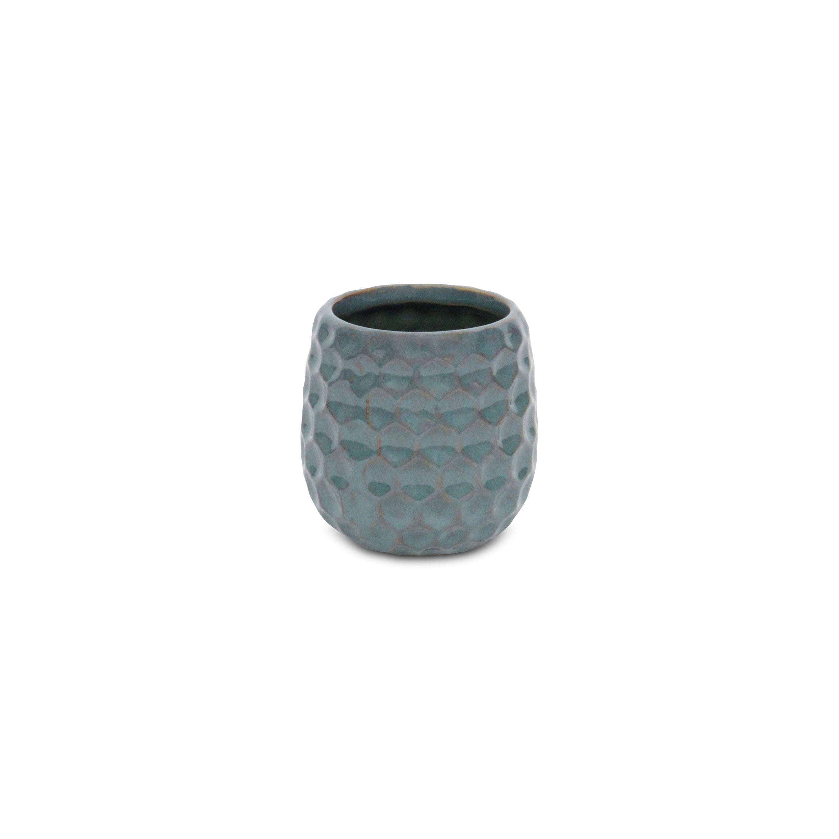 Blue And Gold Ceramic 20 Ounce Geometric Round Distressed Pot Planter