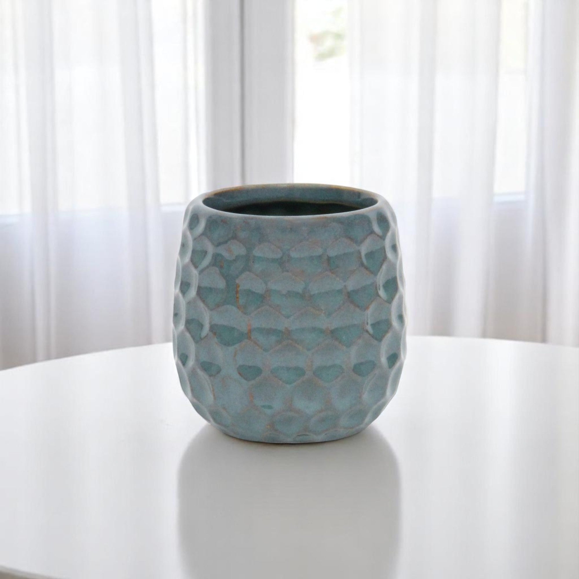 Blue And Gold Ceramic 20 Ounce Geometric Round Distressed Pot Planter