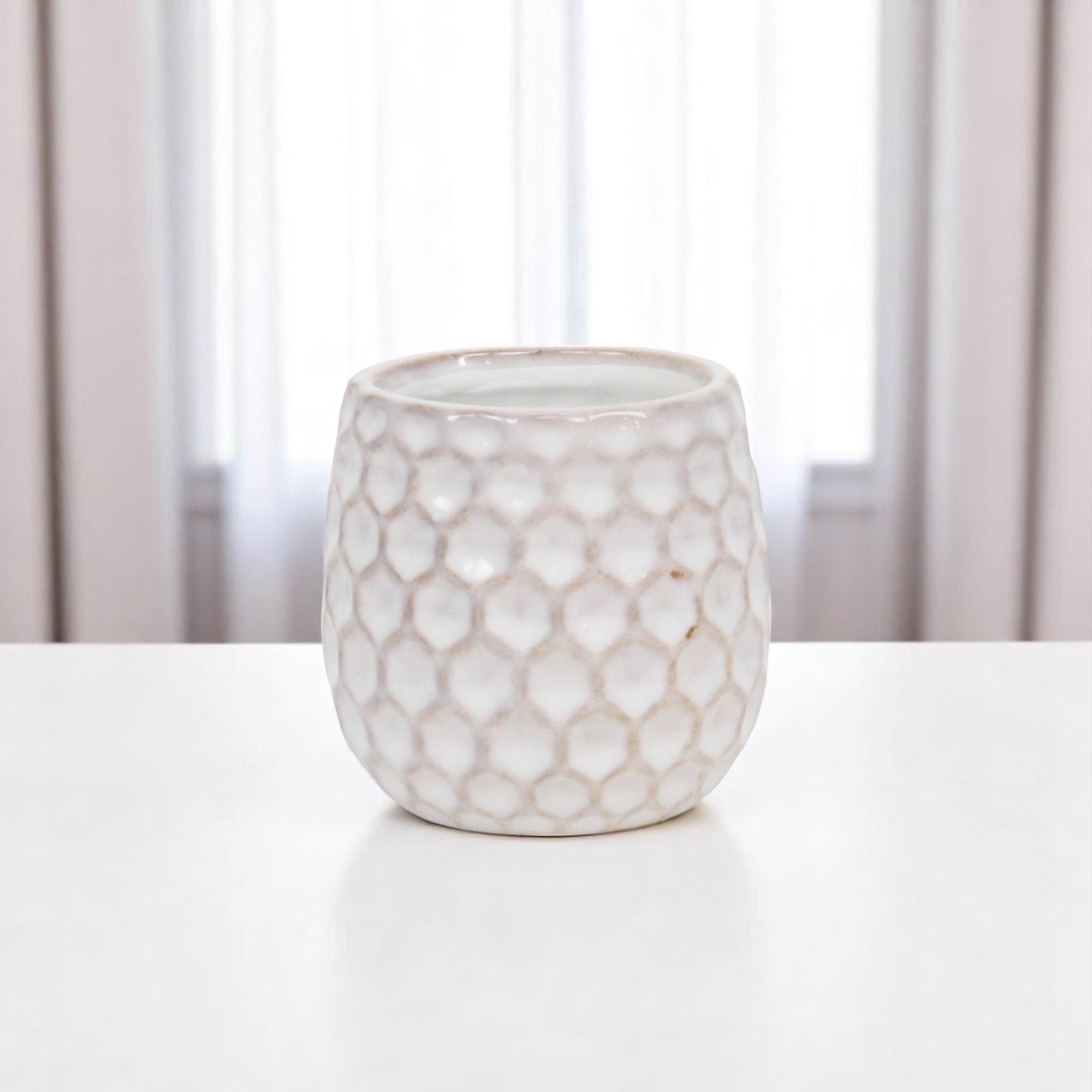White Ceramic 5 Ounce Geometric Round Distressed Pot Planter
