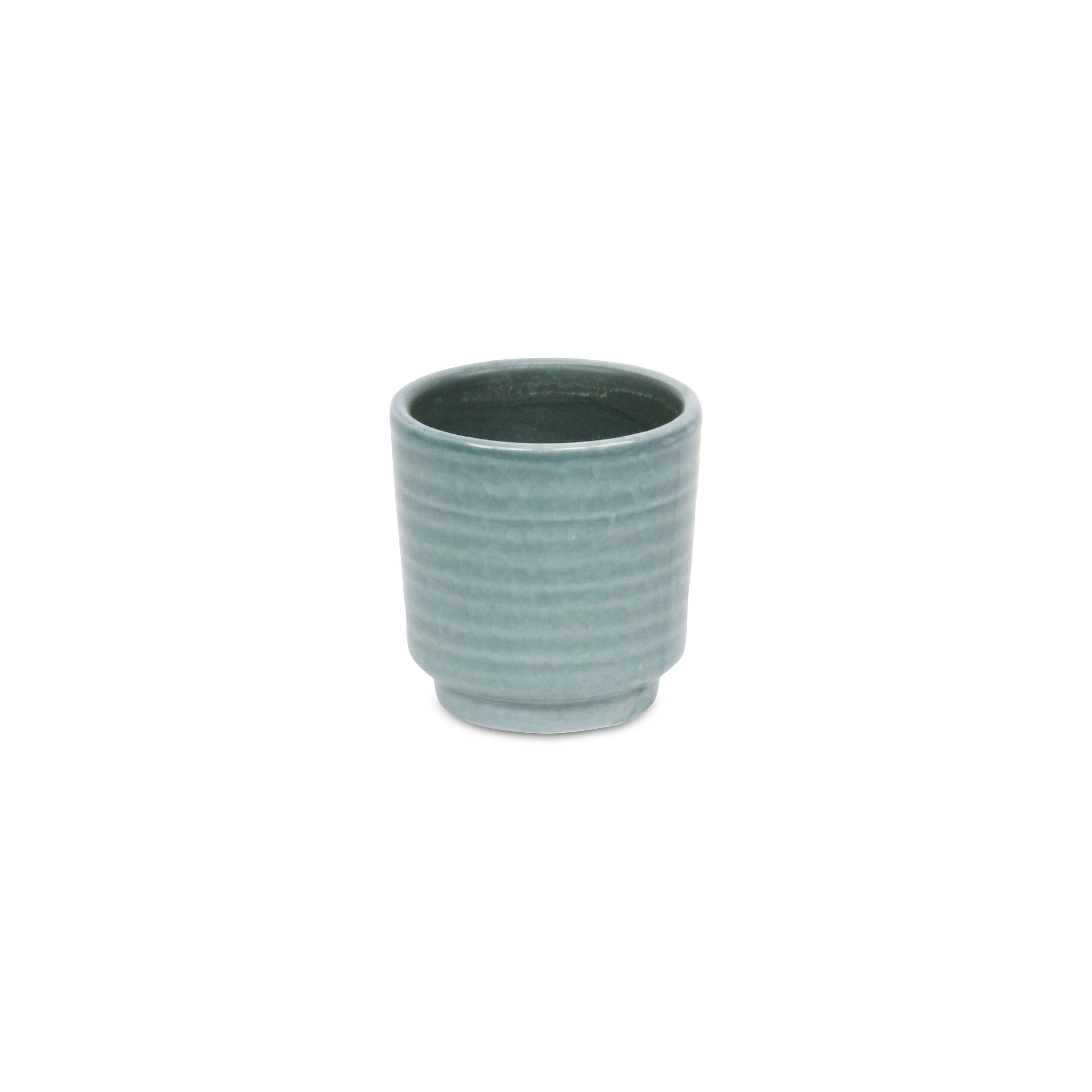 Green Ceramic 6 Ounce Striped Round Distressed Pot Planter