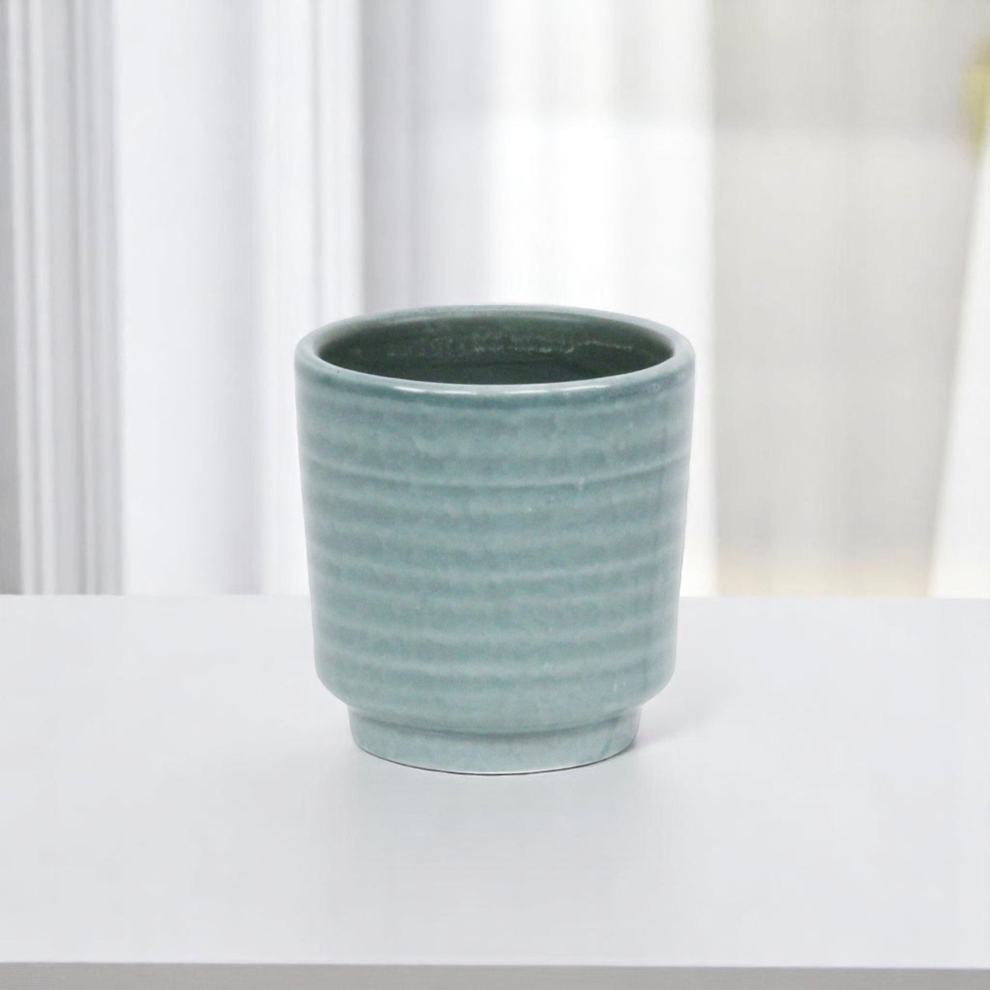 Green Ceramic 6 Ounce Striped Round Distressed Pot Planter