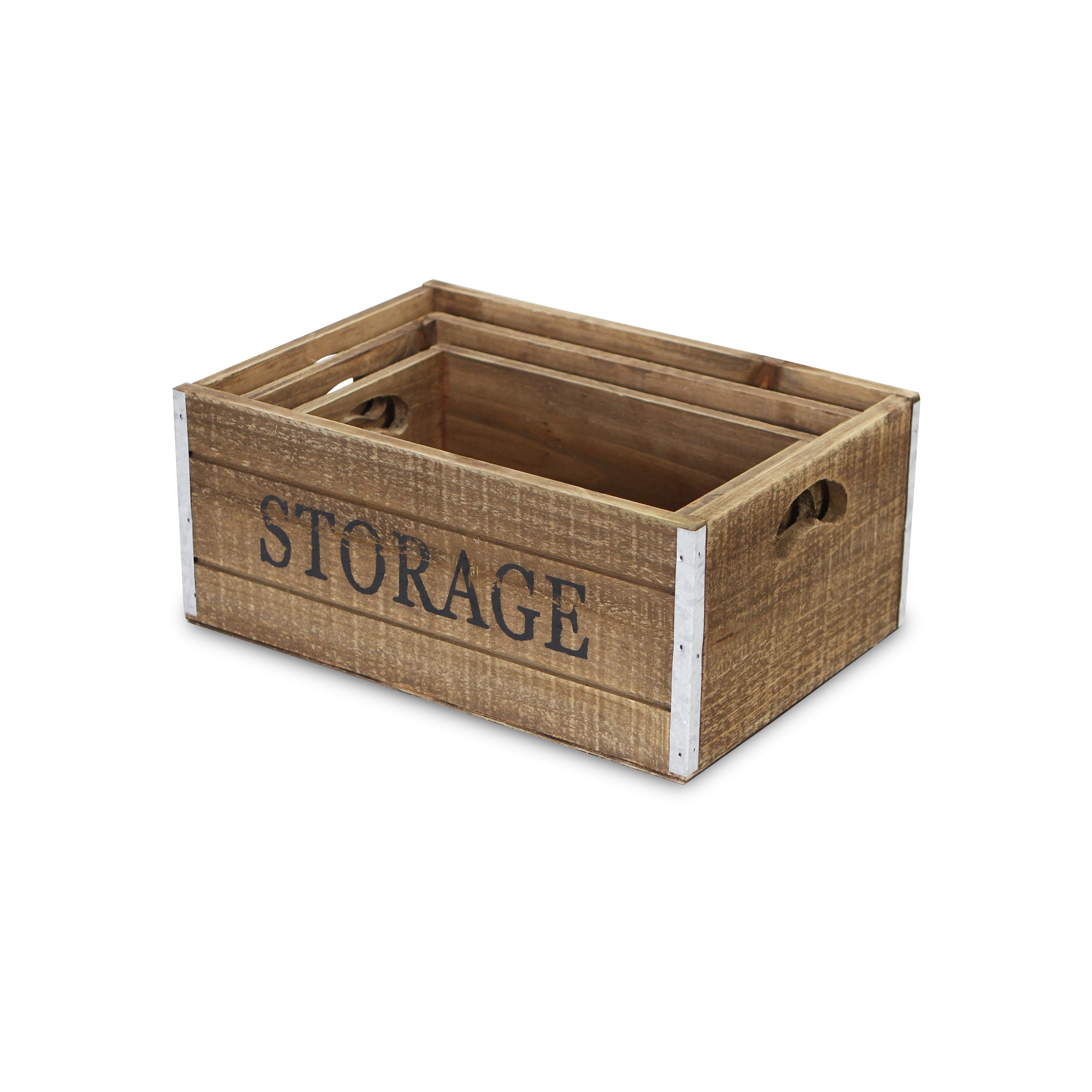 Set of Three Natural Solid Wood And Metal Crate