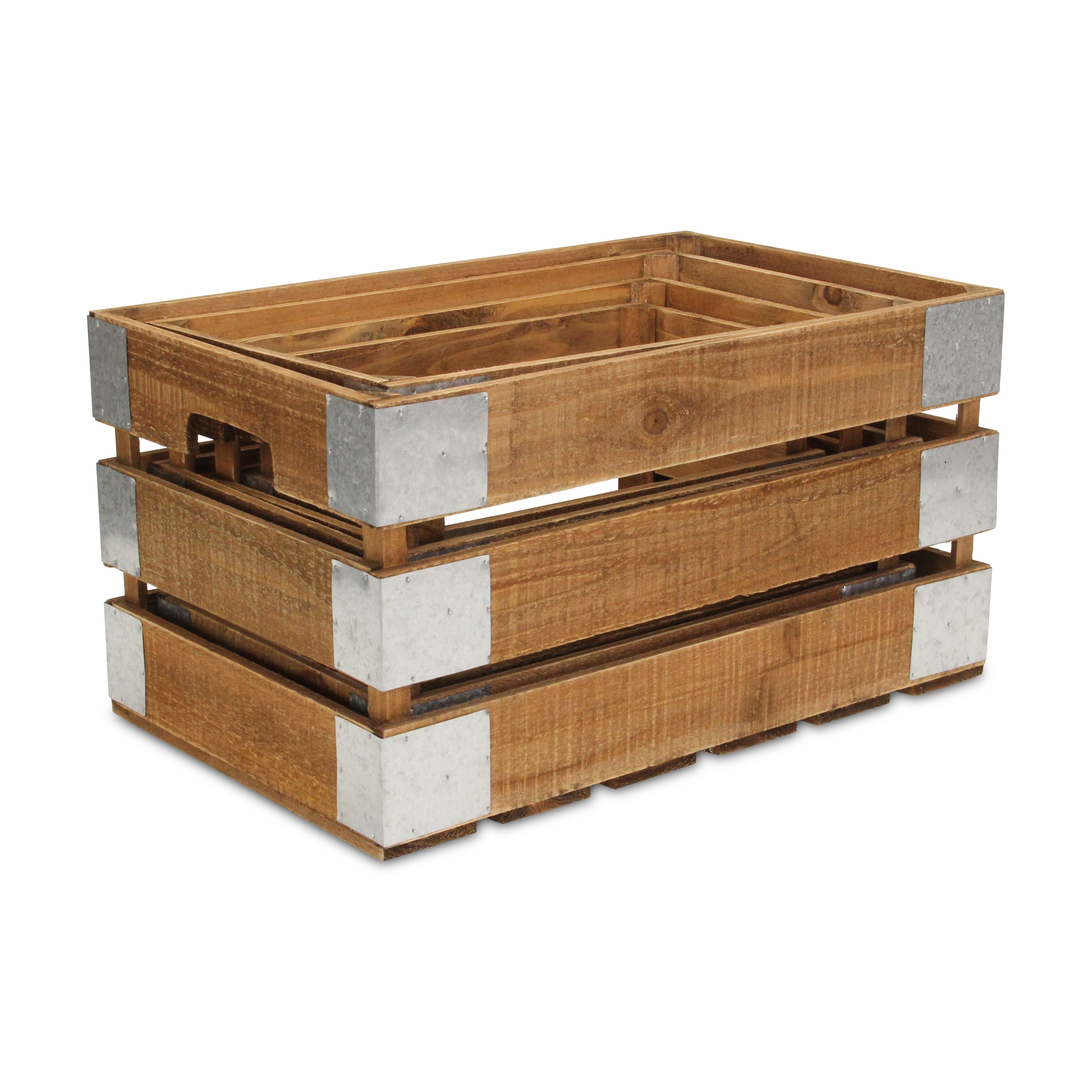 Set of Four Natural Solid Wood And Metal Crate
