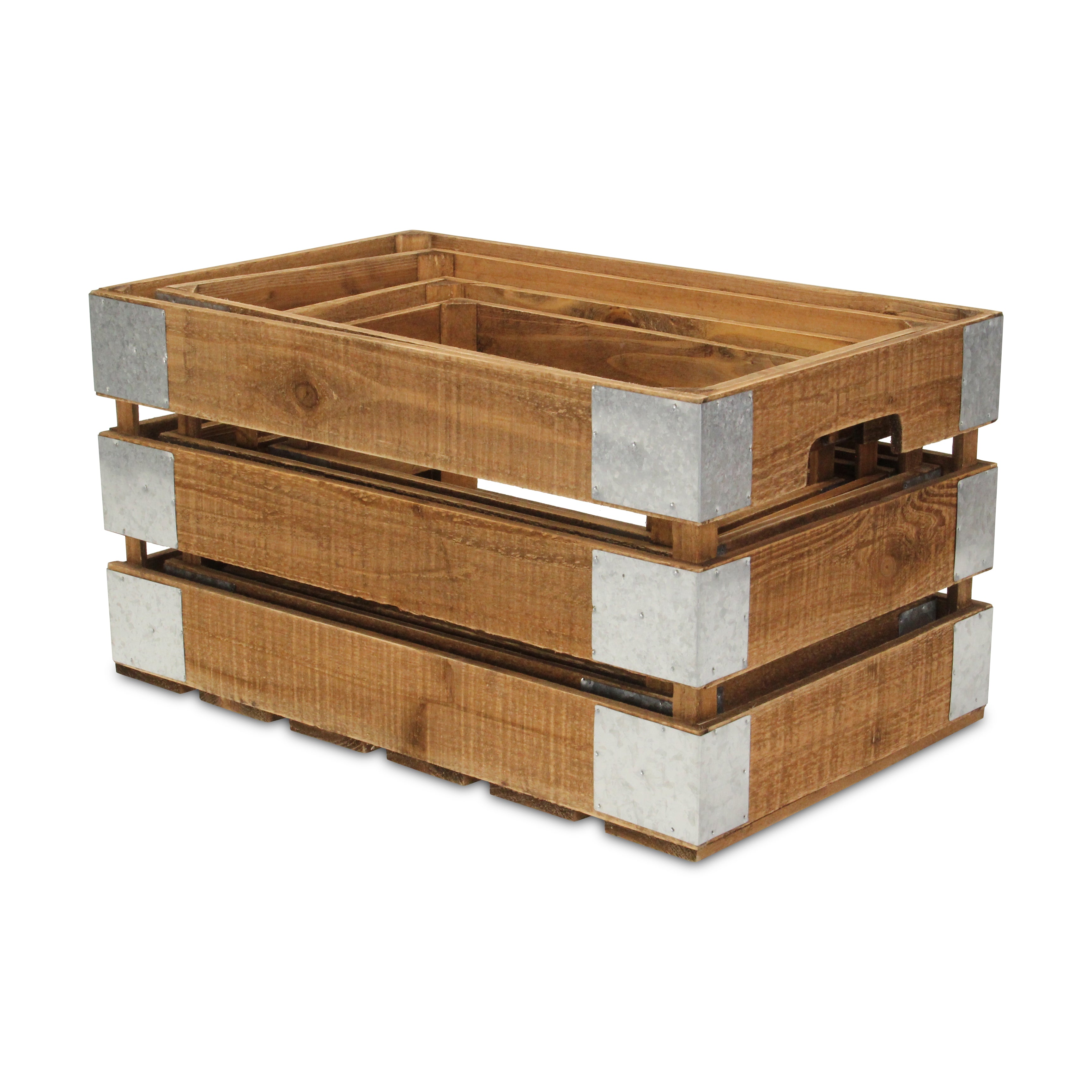 Set of Four Natural Solid Wood And Metal Crate