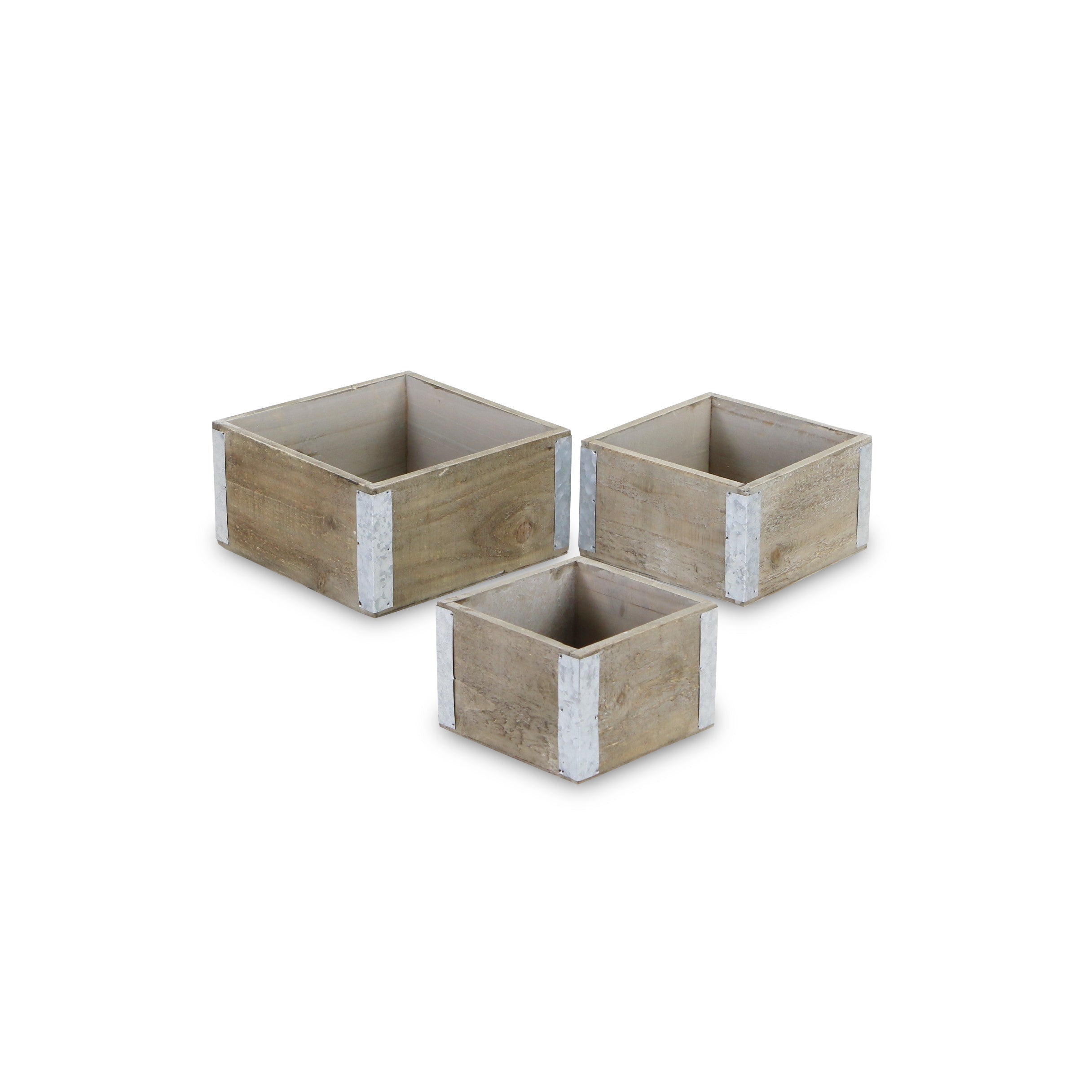 Set of Three Brown Solid Wood And Metal Crate
