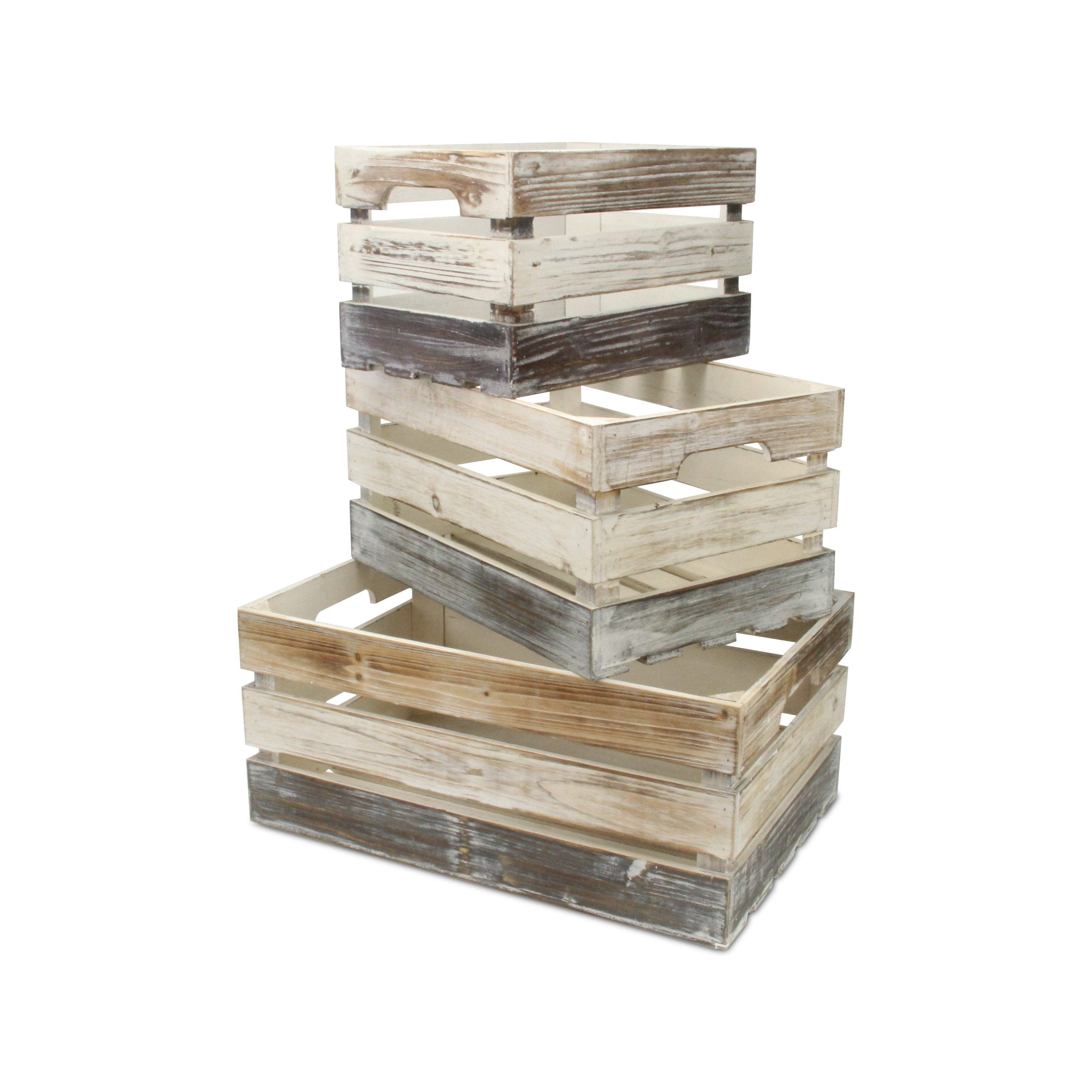 Set of Three Black Off White And Walnut Solid Wood Crate