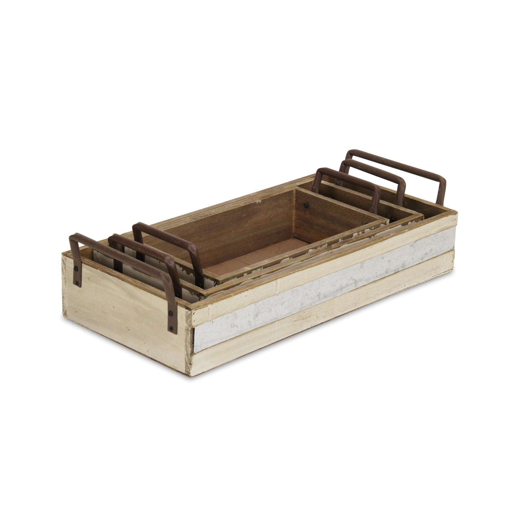 Set of Three White Solid Wood And Metal Crate