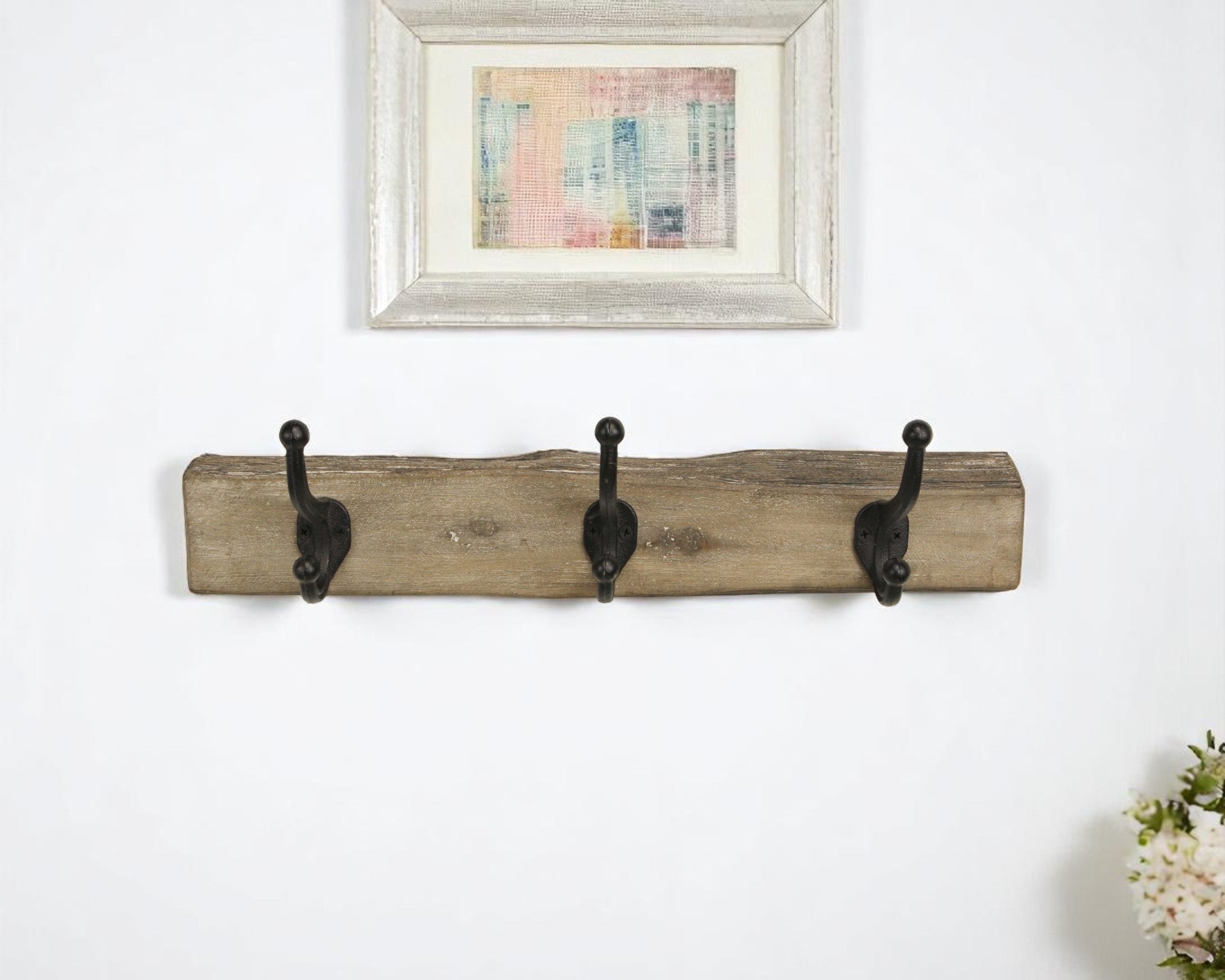 19" Brown Natural Rustic Live Edge Wood Three Hook Wall Mount Coat Rack