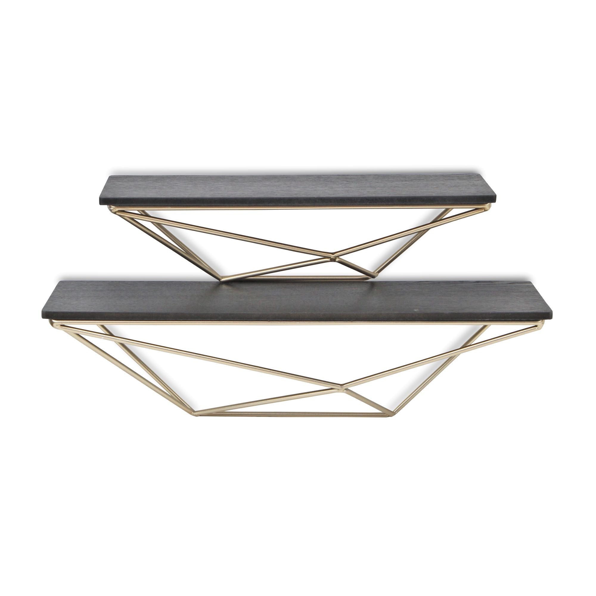 Set Of Two Black And Gold Wood And Metal Modern Wall Mounted Accent Shelves