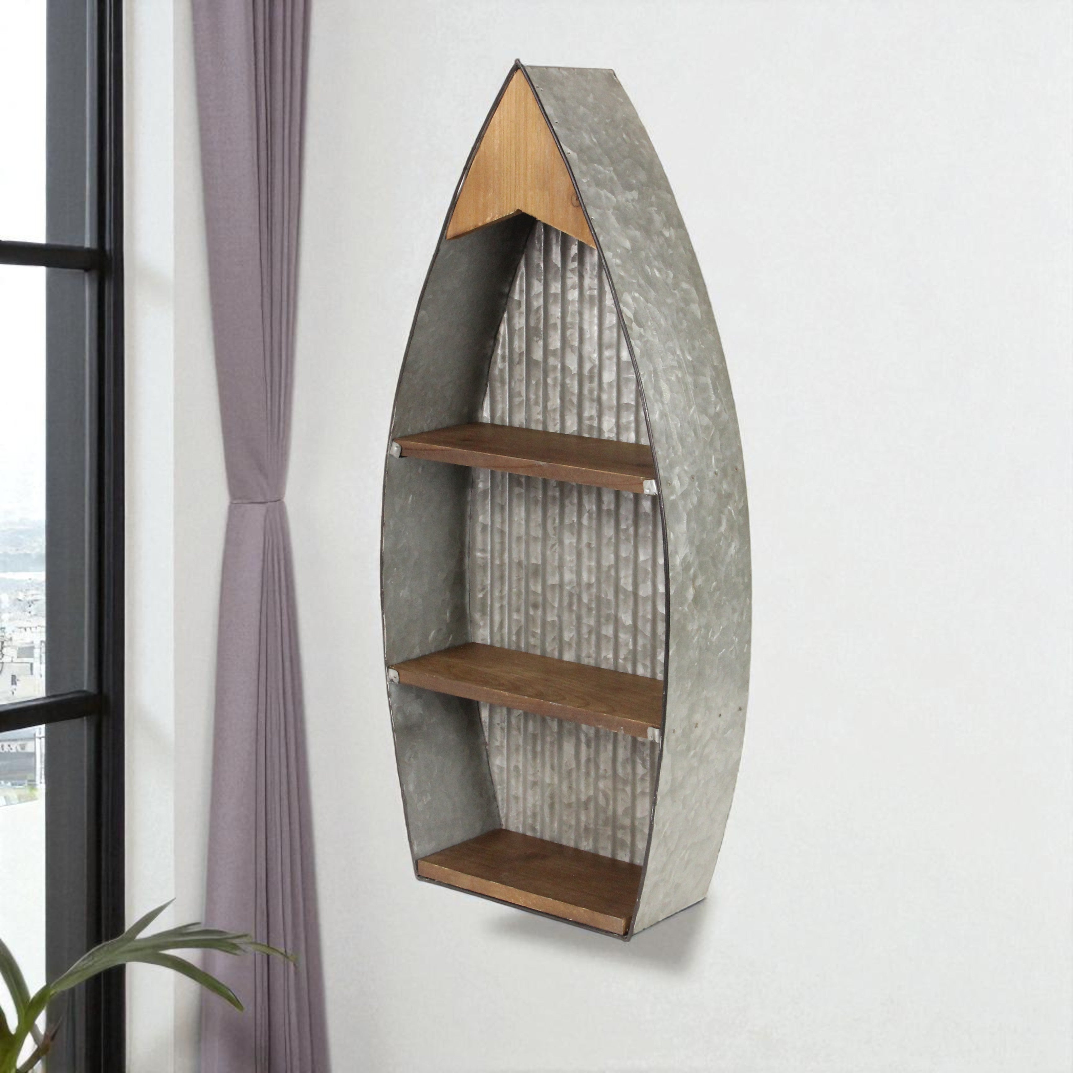23" Brown And Gray Galvanized Metal And Wood Wall Mounted Boat Shelf