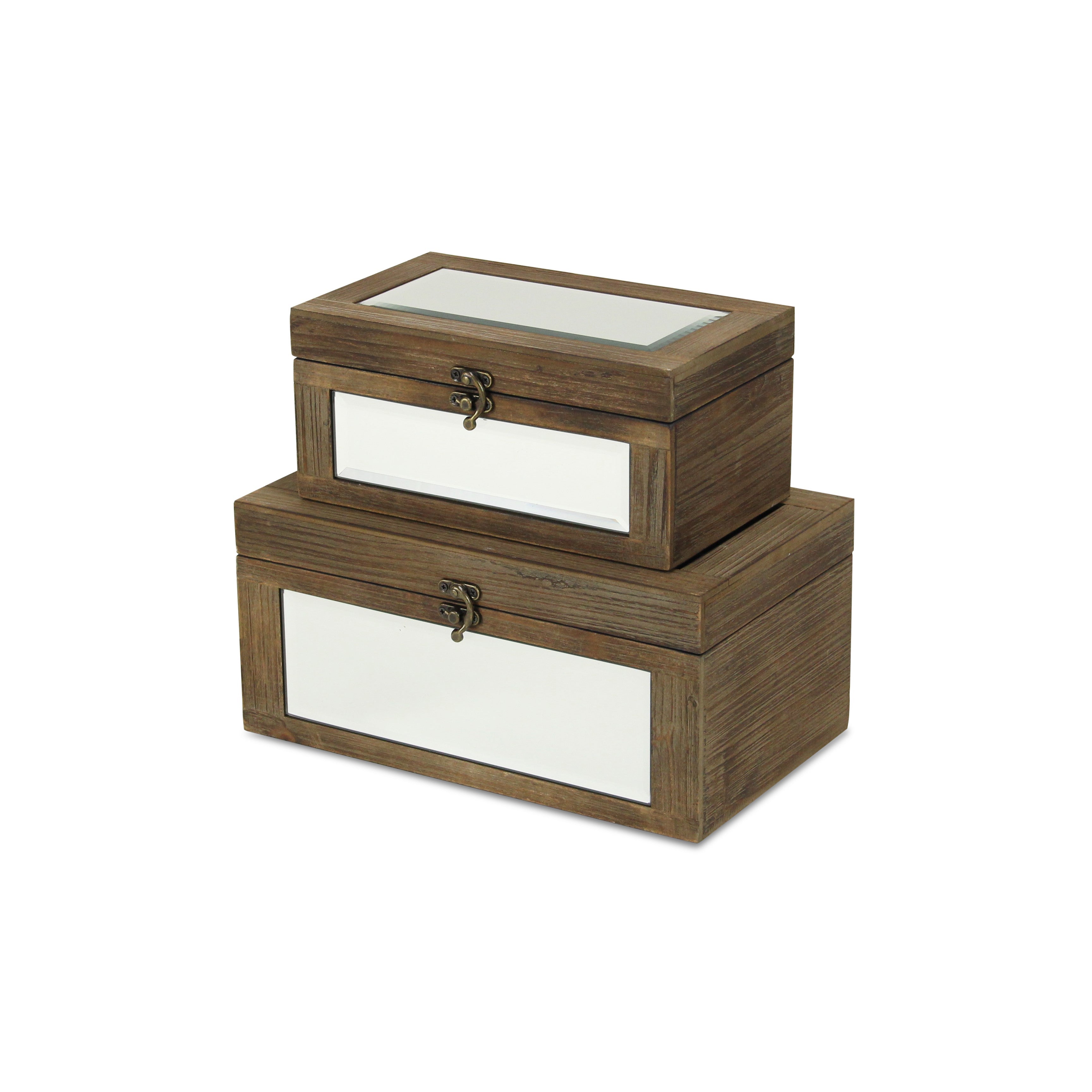 Set of Two Natural And White Wood And Mirrored Glass Box With Lid
