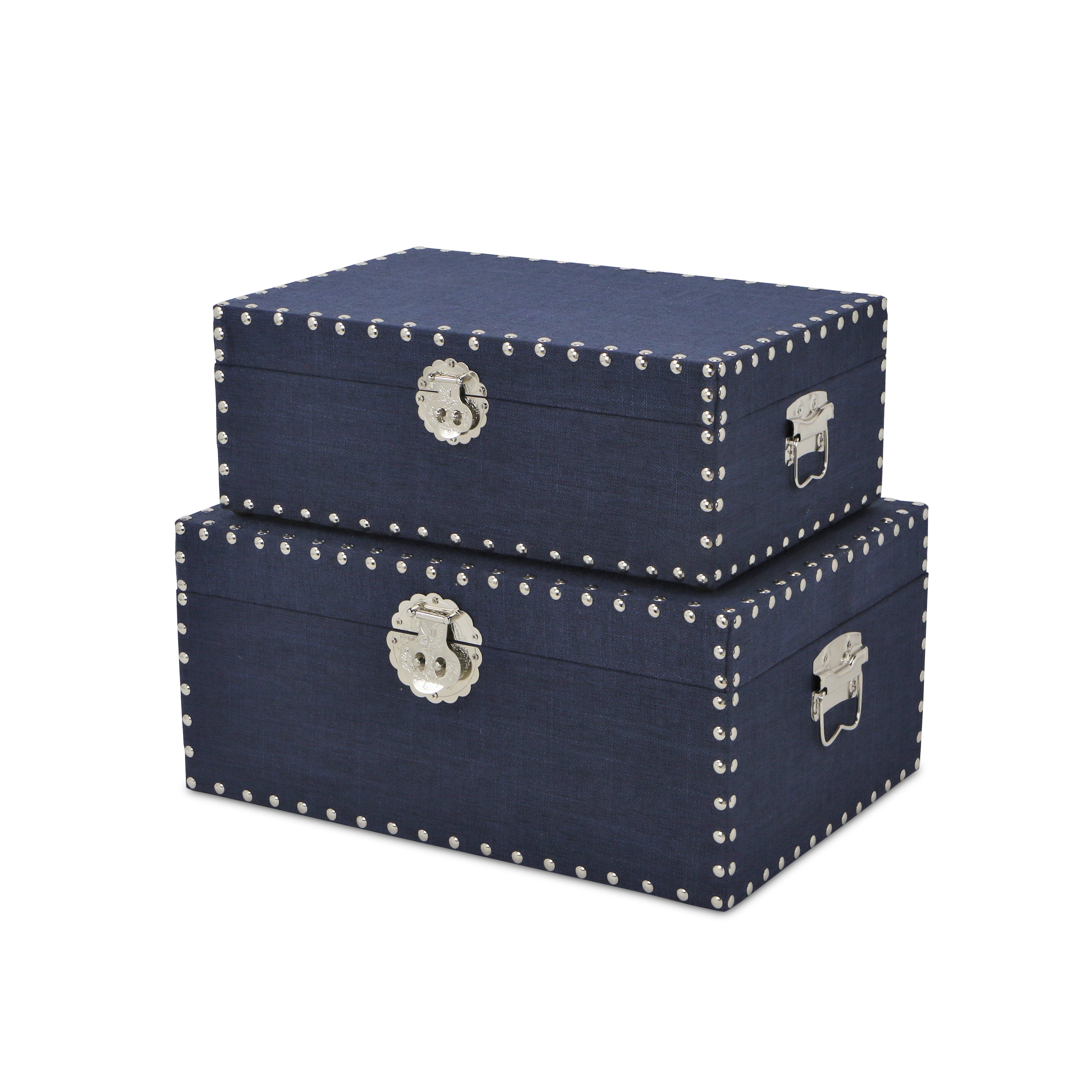 Set of Two Navy Blue Wood Fabric And Metal Box With Lid