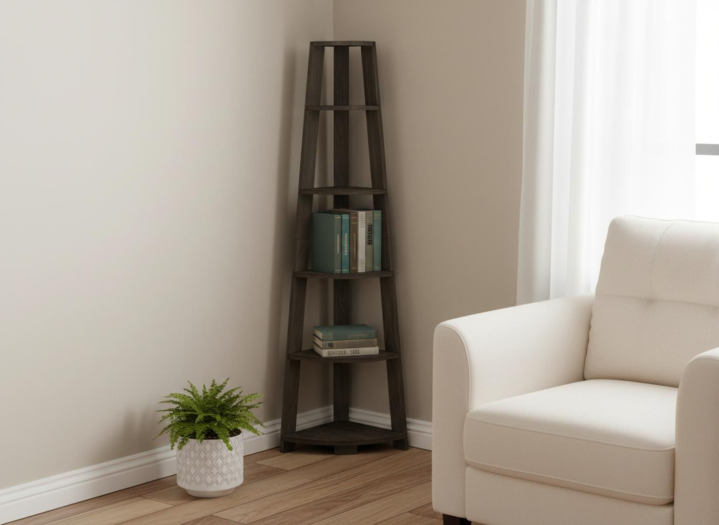 71" Oak Particle Board and Wood Five Tier Corner Bookcase