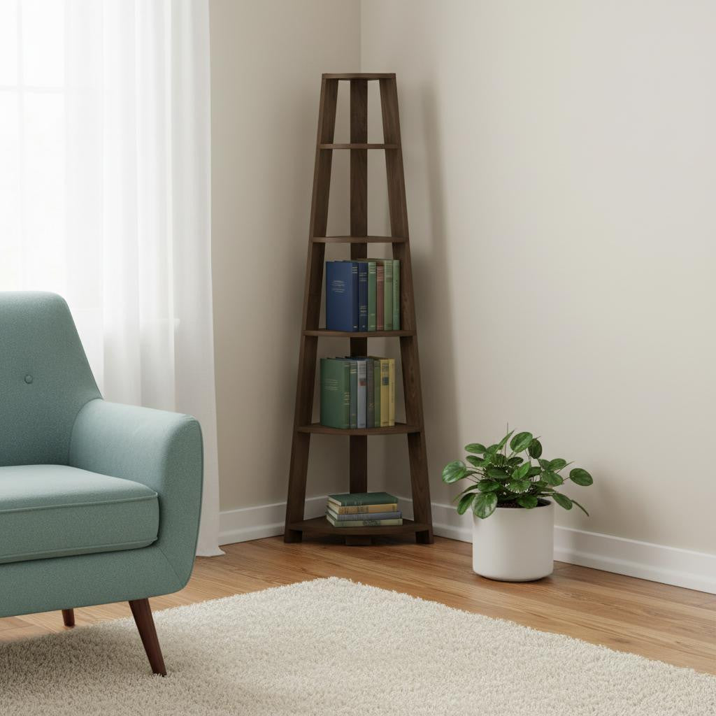 71" Dark Brown Wood Five Tier Corner Bookcase