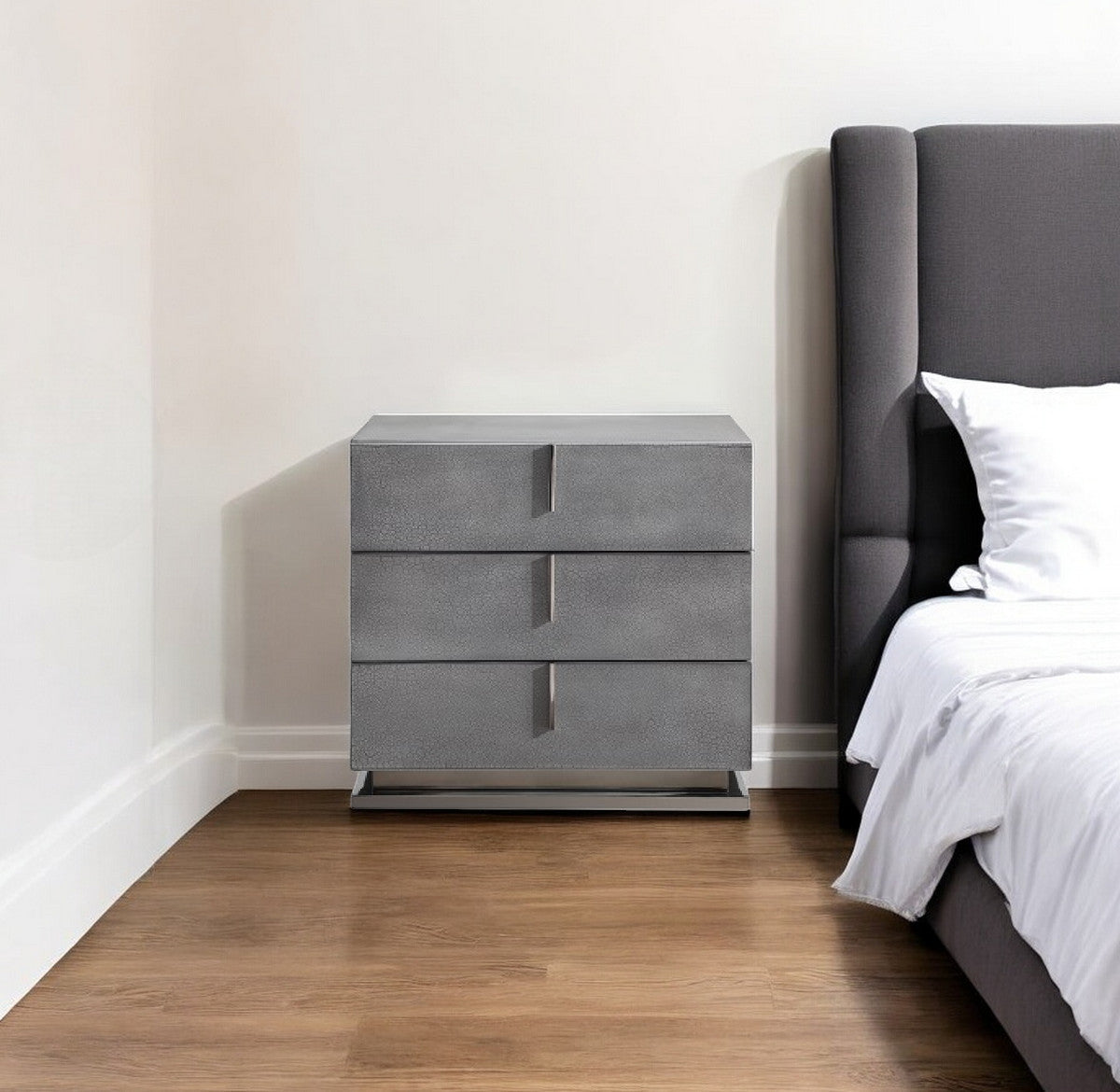 22" Gray Solid and Manufactured Wood Three Drawer Nightstand