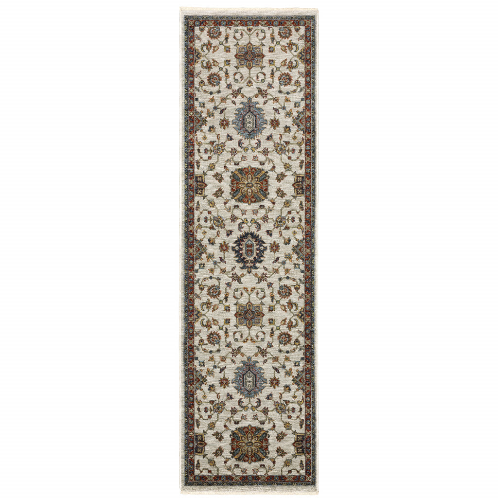 8' Beige Blue And Rust Oriental Runner Rug With Fringe