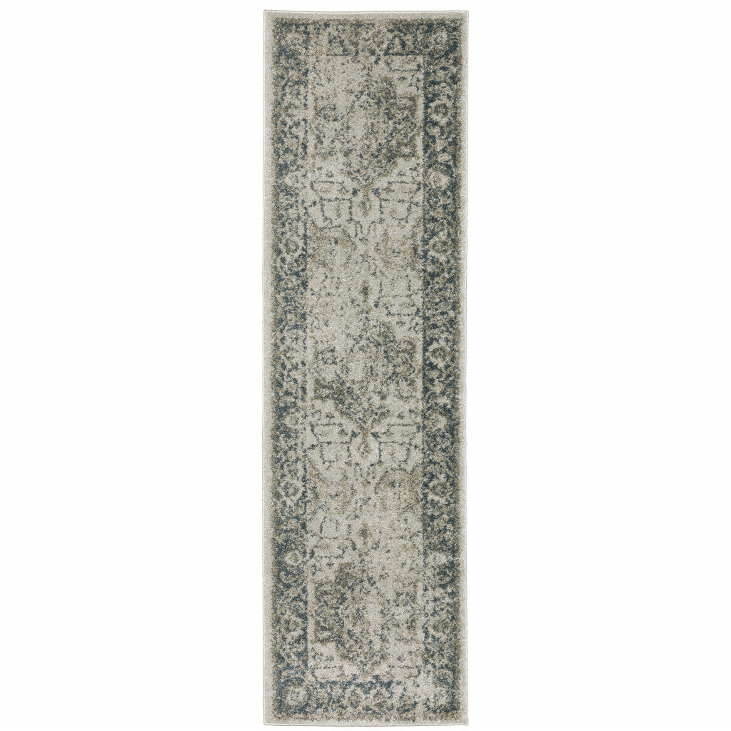 8' Beige And Blue Oriental Distressed Runner Rug