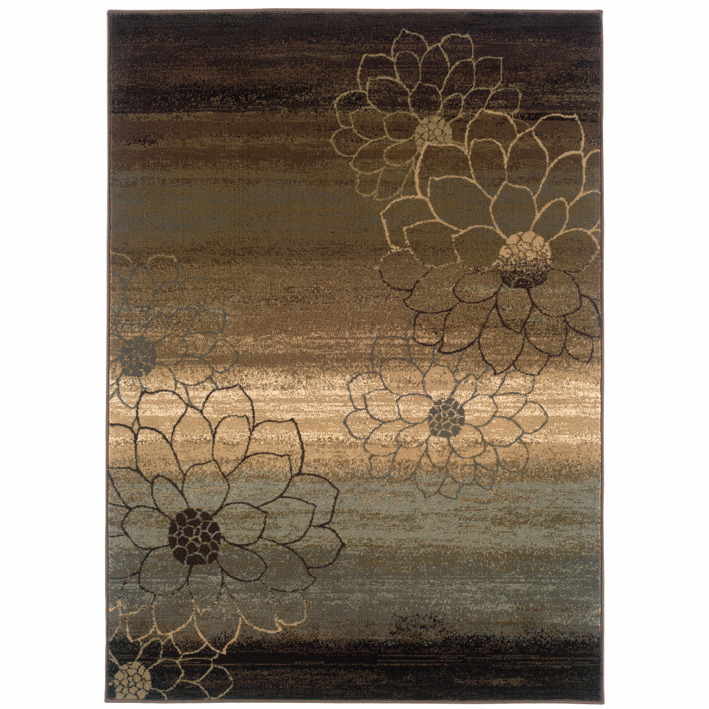 8' X 11' Brown Beige And Black Floral Area Rug
