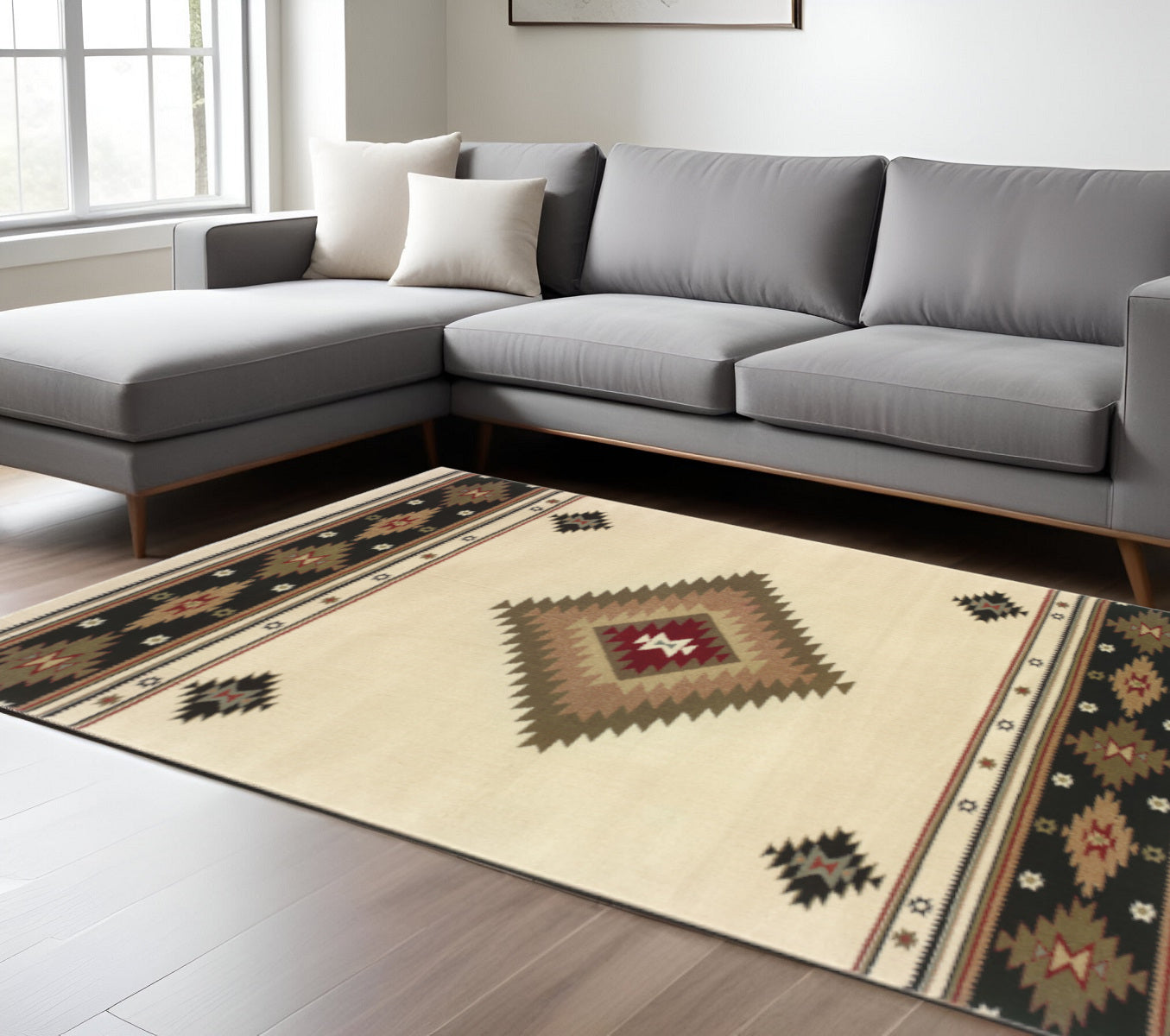 6' X 9' Beige Southwestern Power Loom Stain Resistant Area Rug