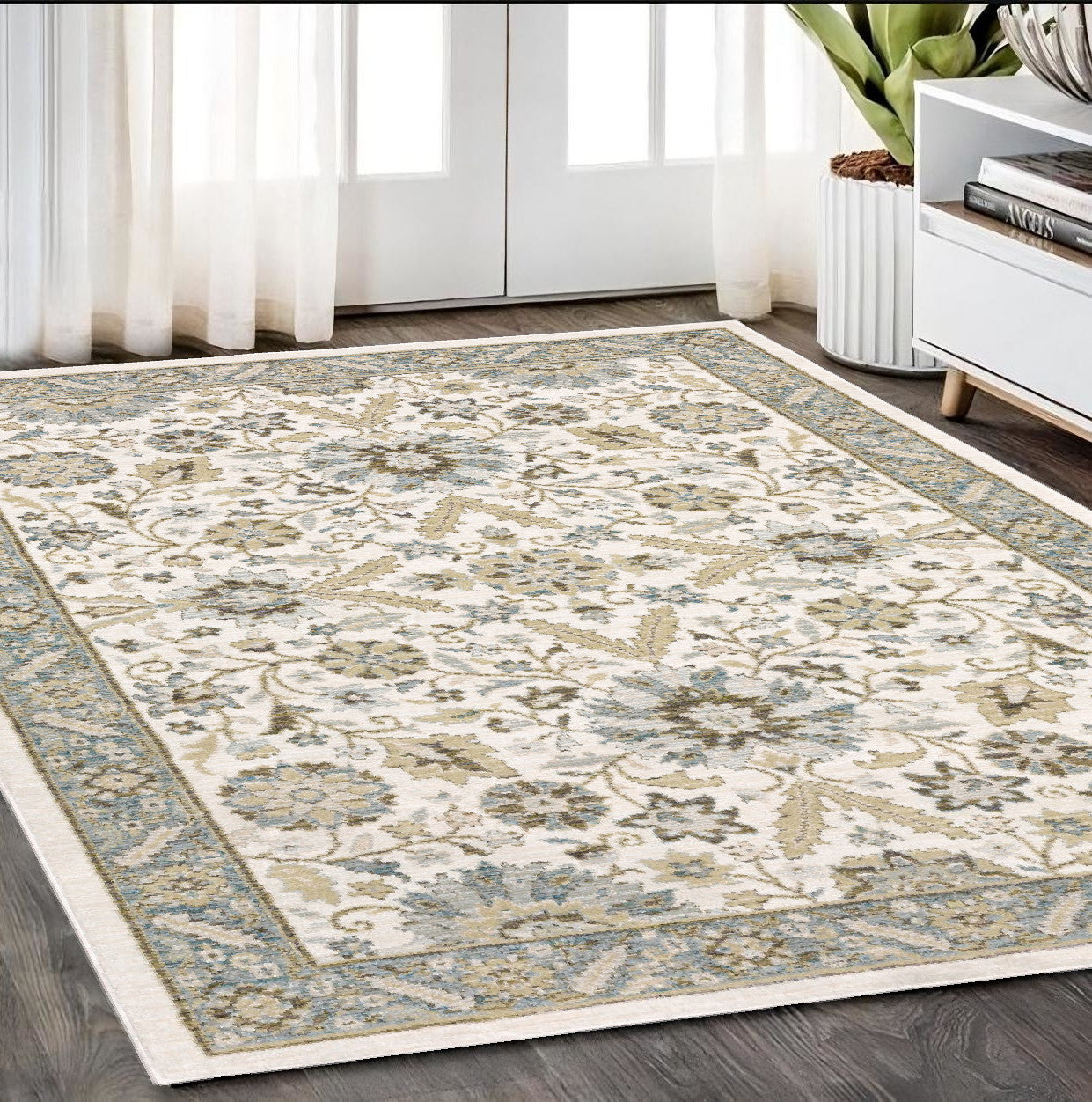 5' X 7' Stone And Ivory Oriental Area Rug