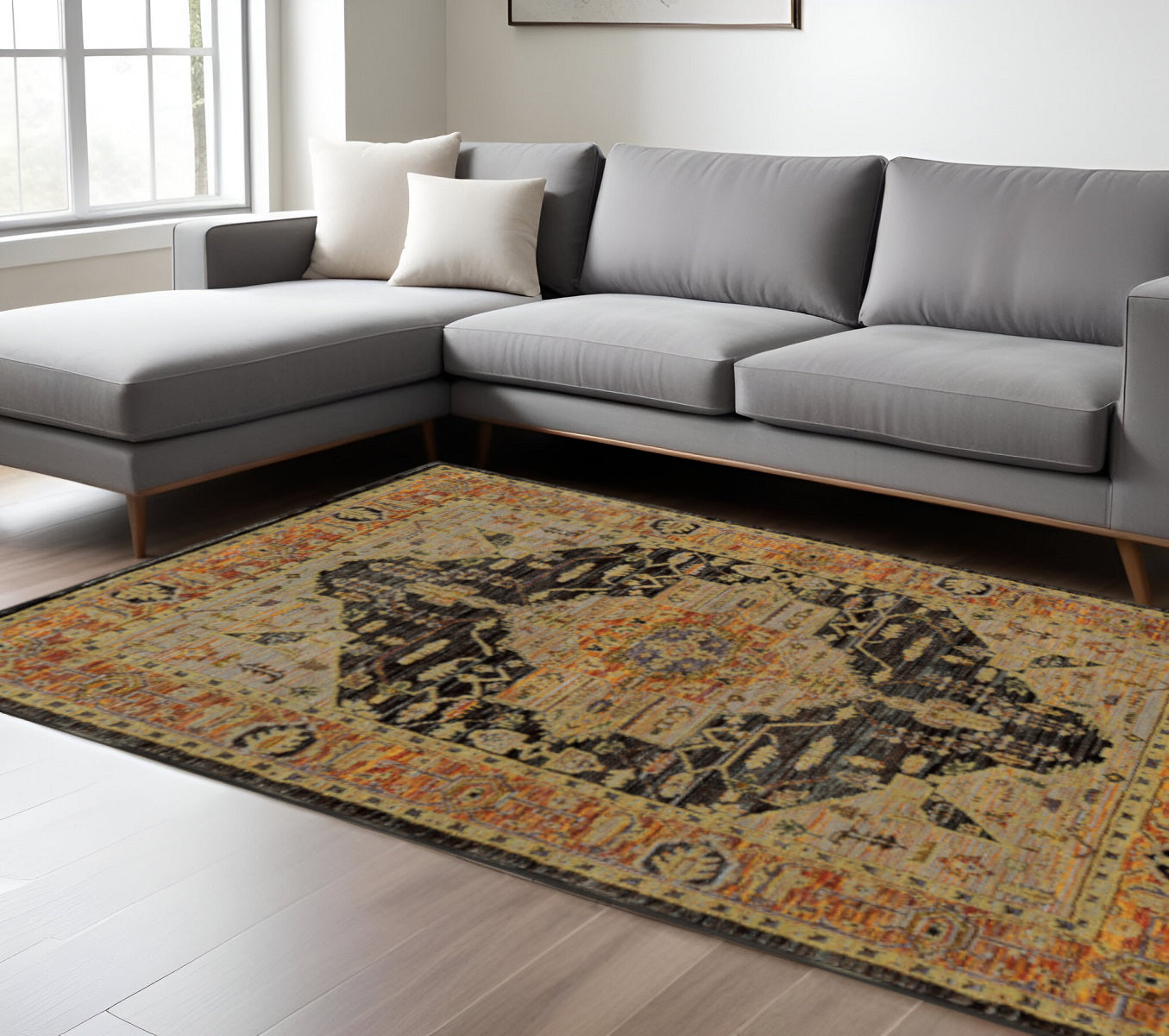 9' X 12' Black and Gold Oriental Power Loom Area Rug
