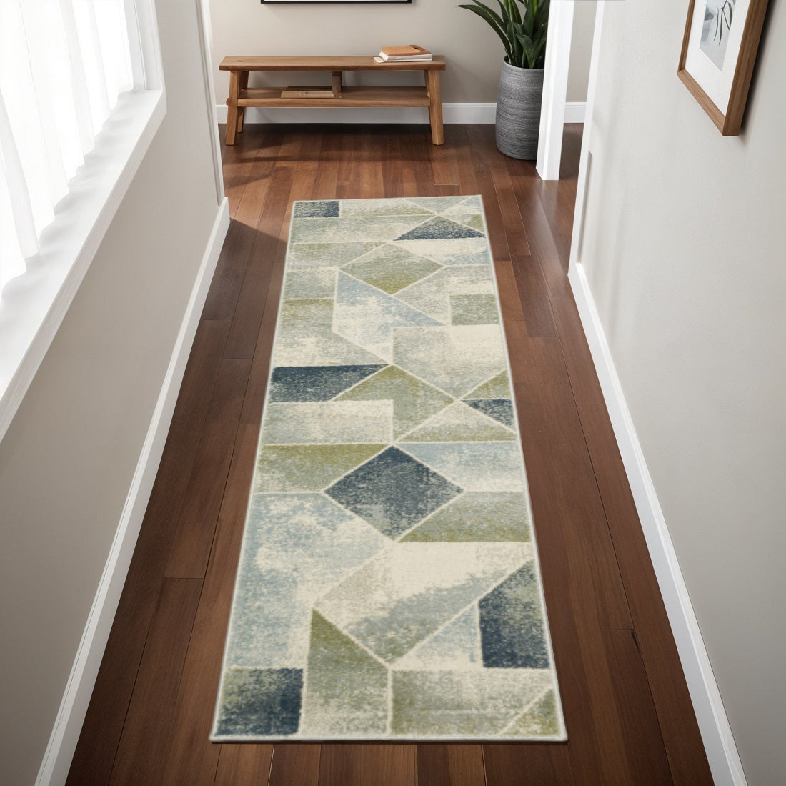 2' X 8' Blue Green Grey Gold And Ivory Geometric Power Loom Stain Resistant Runner Rug