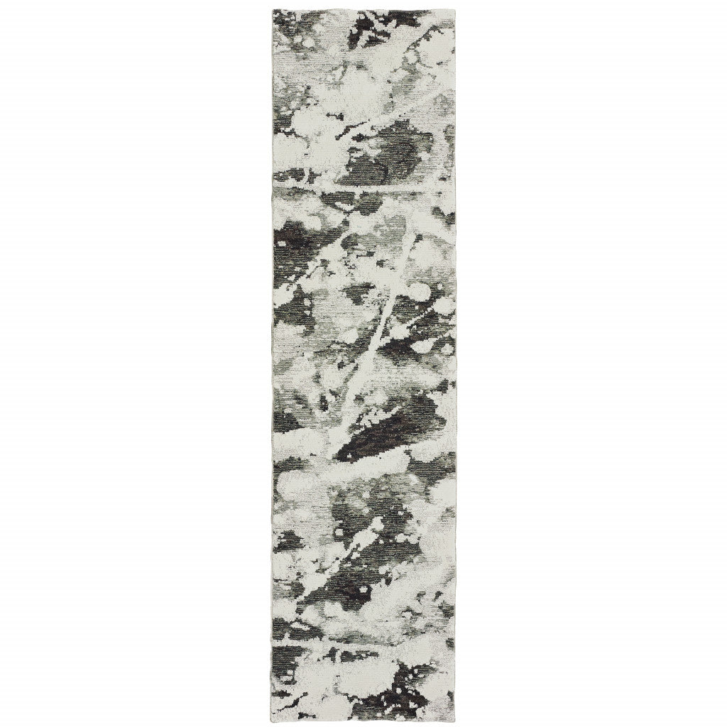 12' Charcoal And White Abstract Runner Rug