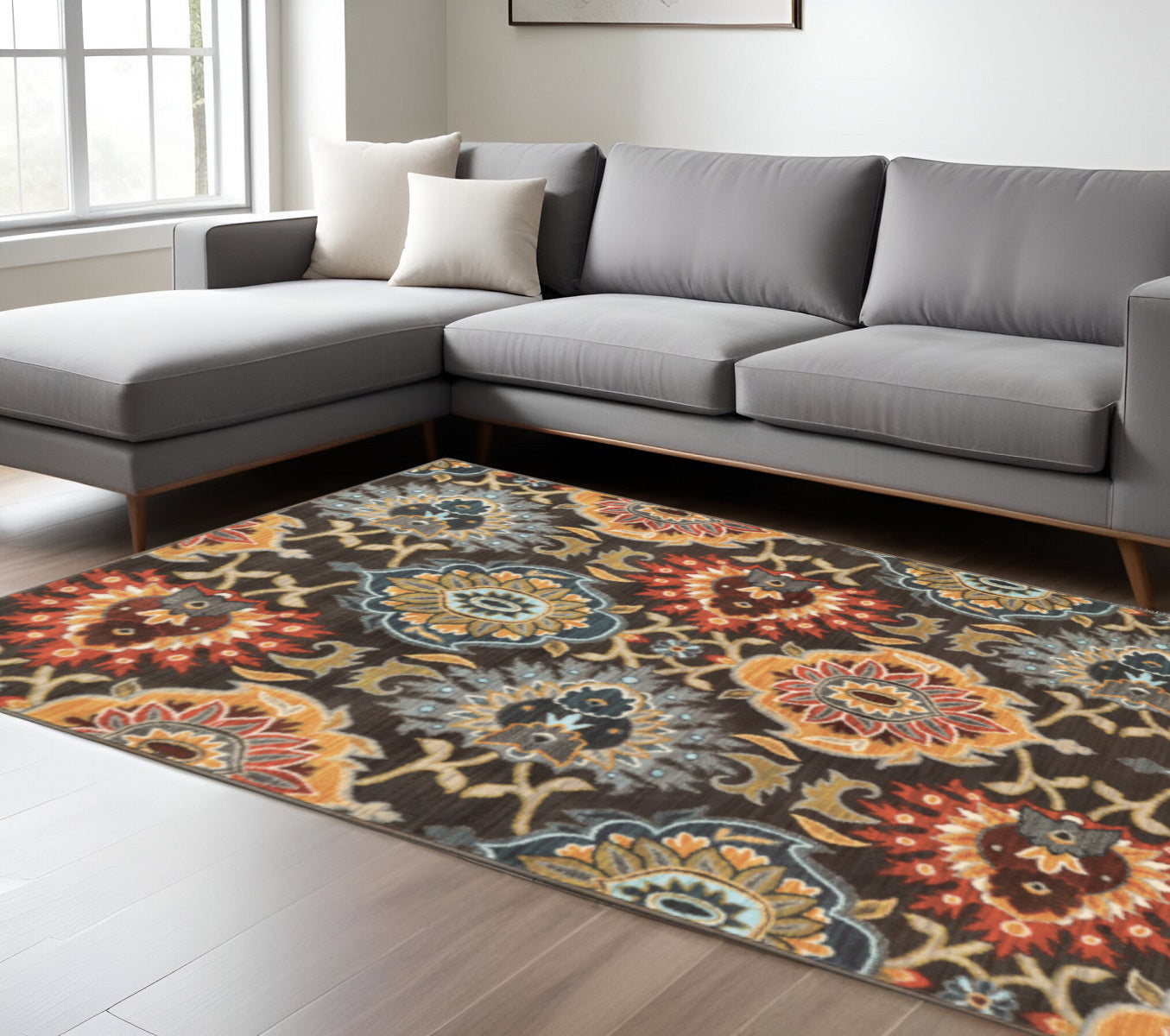 10' X 13' Brown Grey Rust Red Gold Teal And Blue Green Floral Power Loom Stain Resistant Area Rug