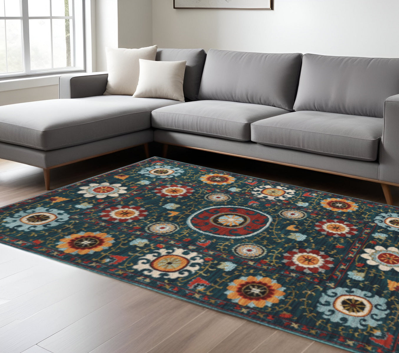 10' X 13' Teal Blue Rust Gold And Ivory Floral Power Loom Stain Resistant Area Rug