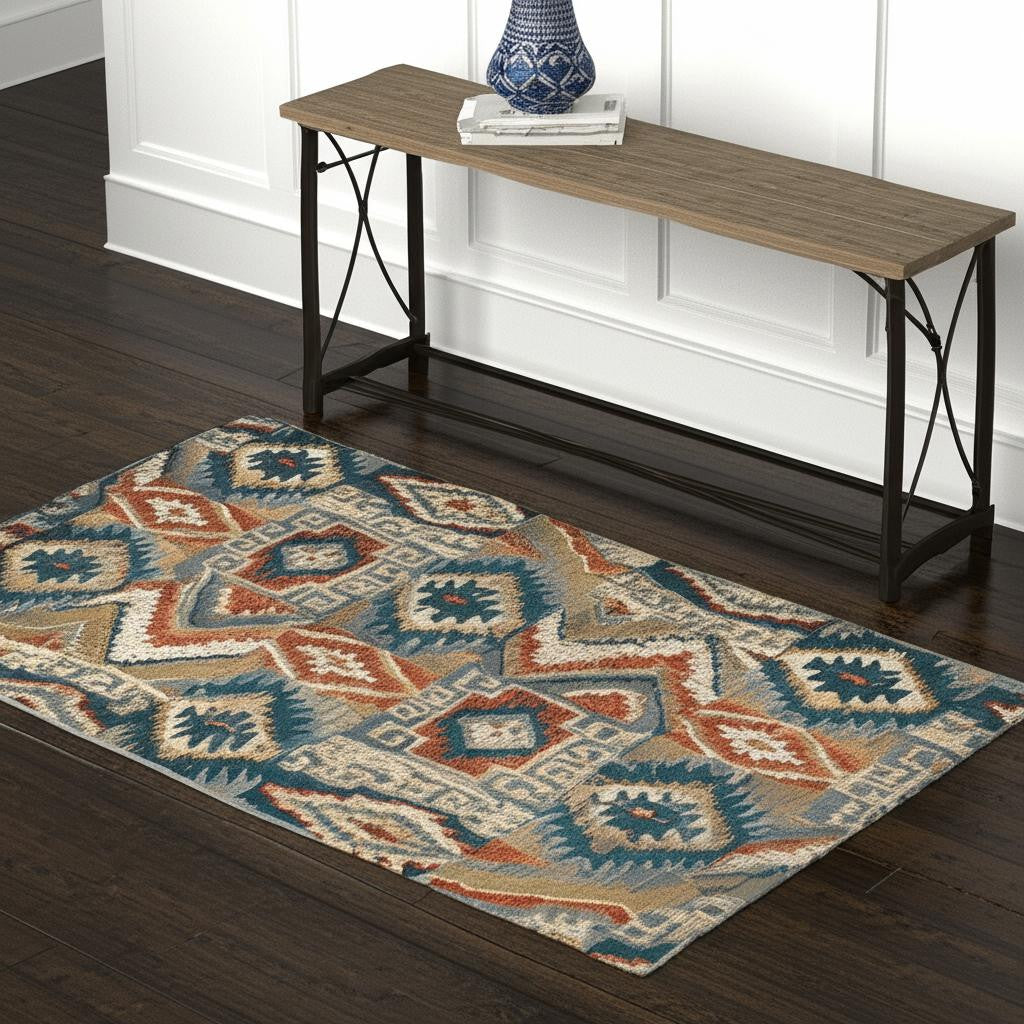 4' X 6' Blue Teal Grey Orange Gold Ivory And Rust Geometric Power Loom Stain Resistant Area Rug