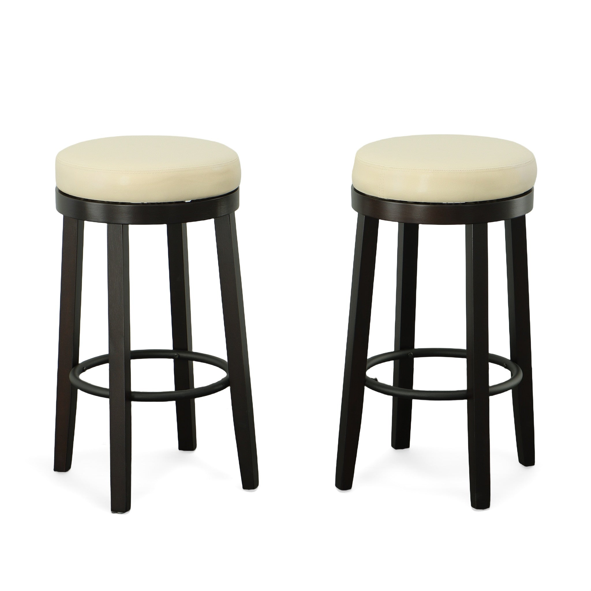 Set of Two 30" Cream and Espresso Faux Leather and Solid Wood Backless Bar Height Swivel Bar Chairs