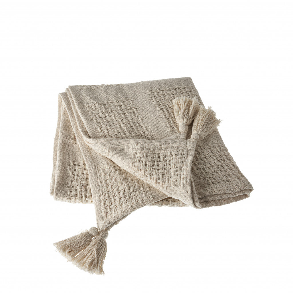 50" X 60" Cream Cotton Woven Throw Blanket with Tassels