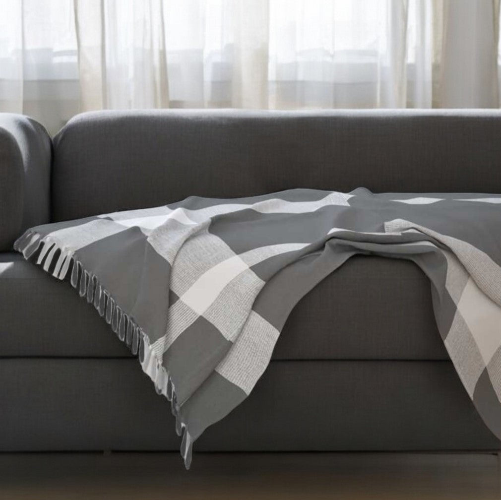 50" X 60" Gray Woven Cotton Checkered Throw Blanket with Fringe