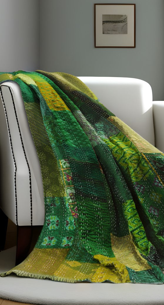 50" X 70" Green Patchwork Silk Quilted Kantha Throw Blanket with Embroidery