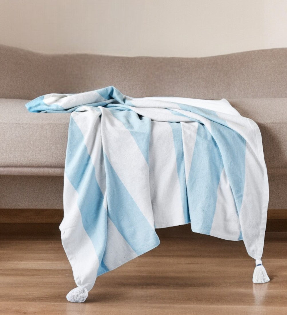 50" X 60" Blue and White Woven Cotton Striped Throw Blanket with Tassels