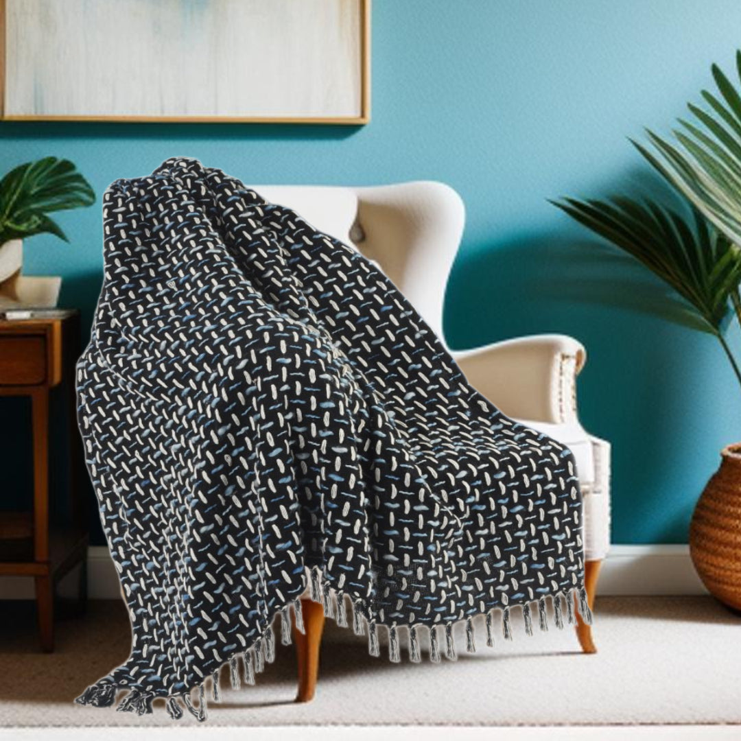 Black and Blue Woven Cotton Geometric Throw Blanket
