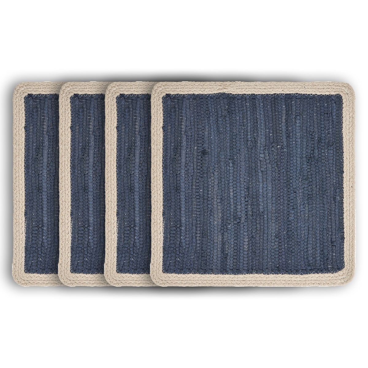 15" Set of Four Navy And Natural Solid With Border Cotton Square Placemats