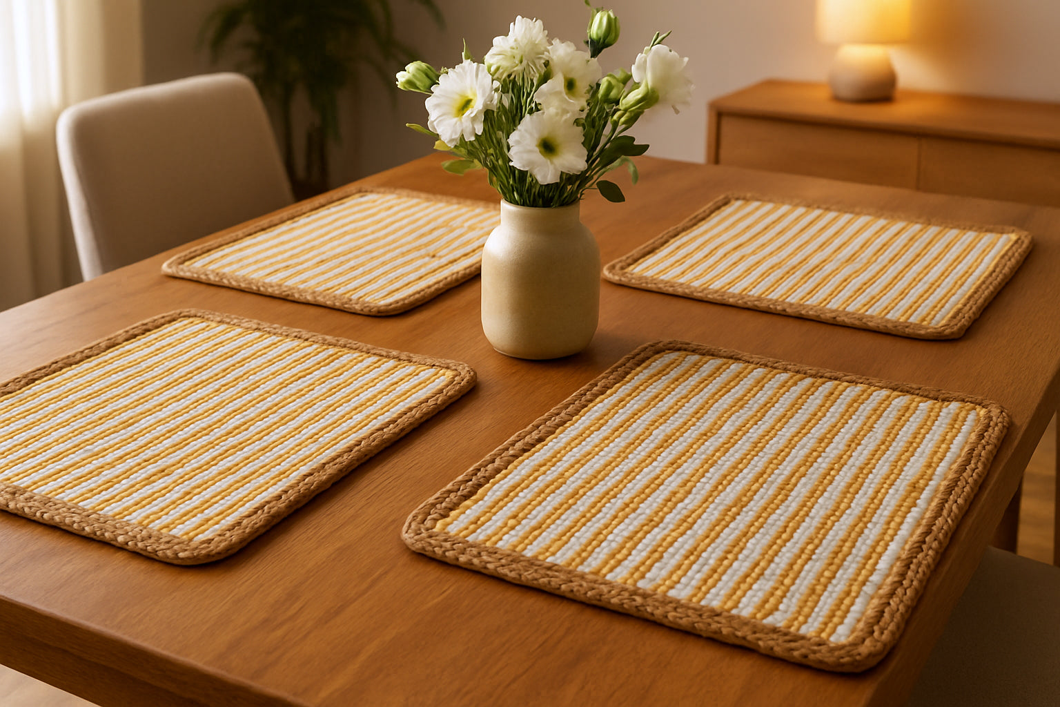 19" Set of Four Cream Yellow And Natural Striped Cotton And Jute Placemats