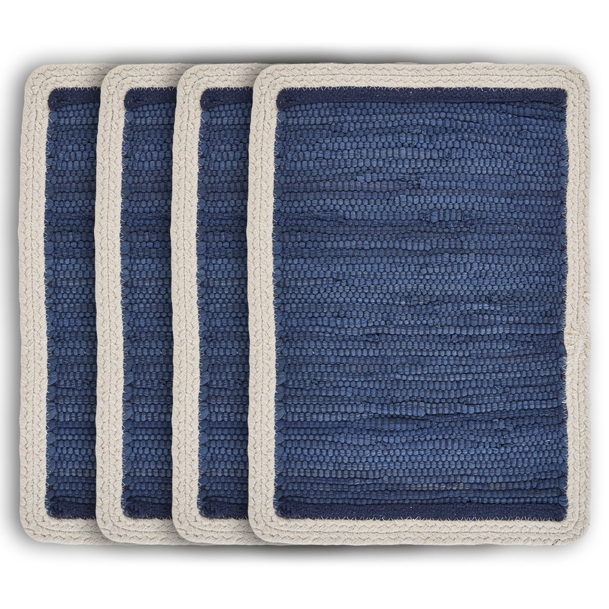 19" Set of Four Navy Blue And Natural Solid With Border Cotton Placemats