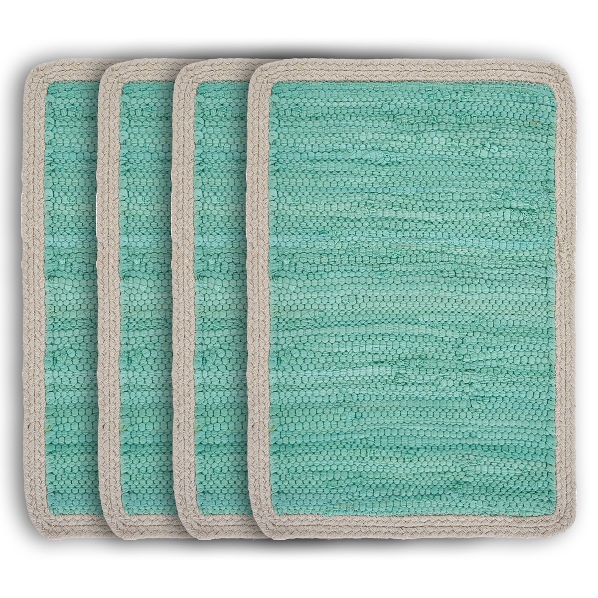 19" Set of Four Turquoise and Natural Solid With Border Cotton Placemats